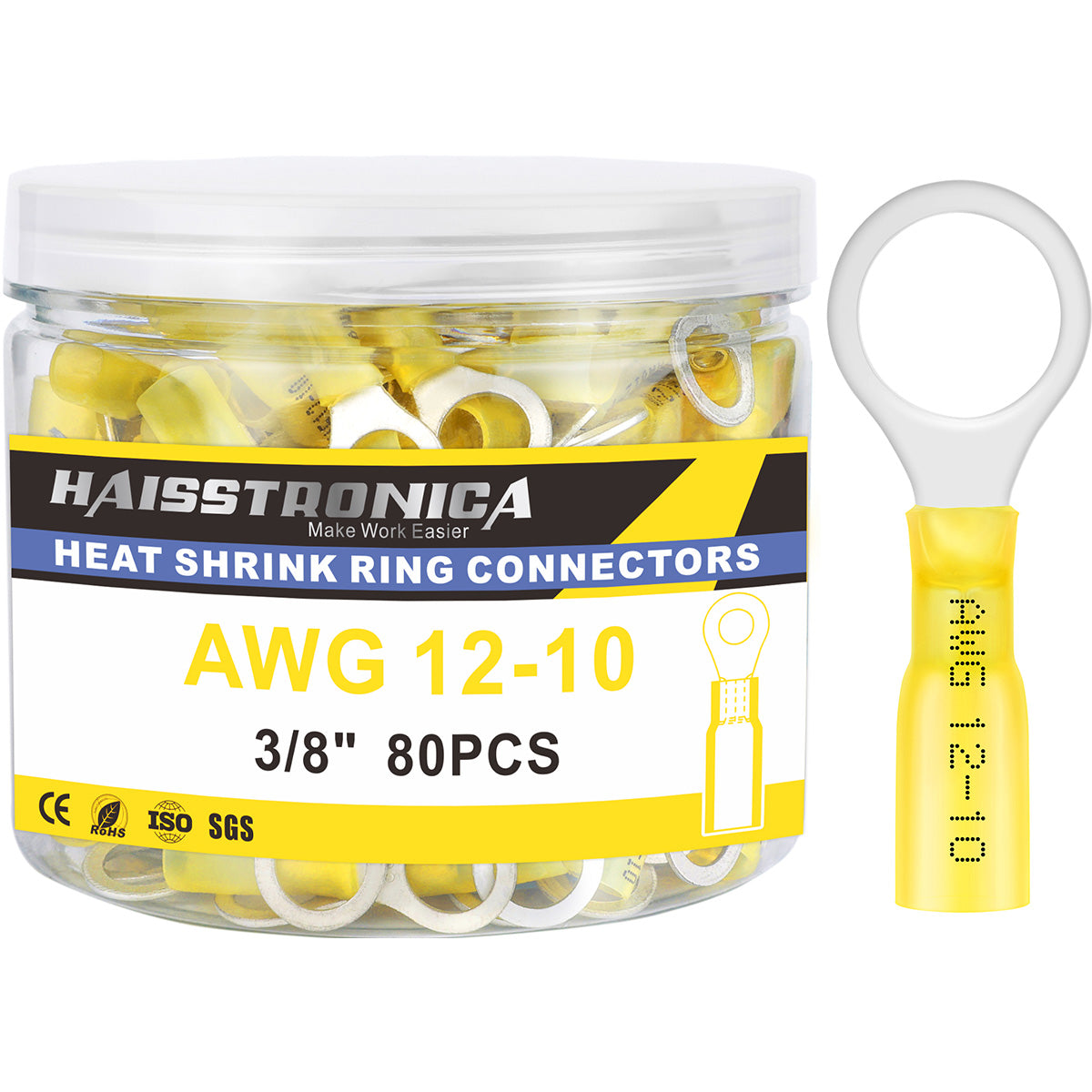 Haisstronica heat shrink crimp terminals, 3/8" 80PCS, CE and ISO certified for durable AWG 12-10 connections.
