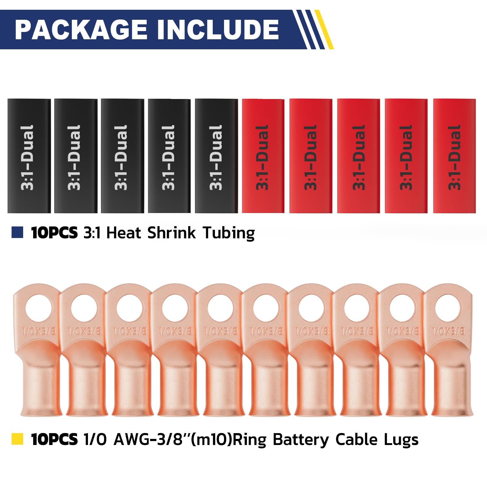 Haisstronica 1/0 AWG-3/8" M10 ring battery terminals, 10PCS kit, 3:1 dual-wall tubing for fast, reliable connections.