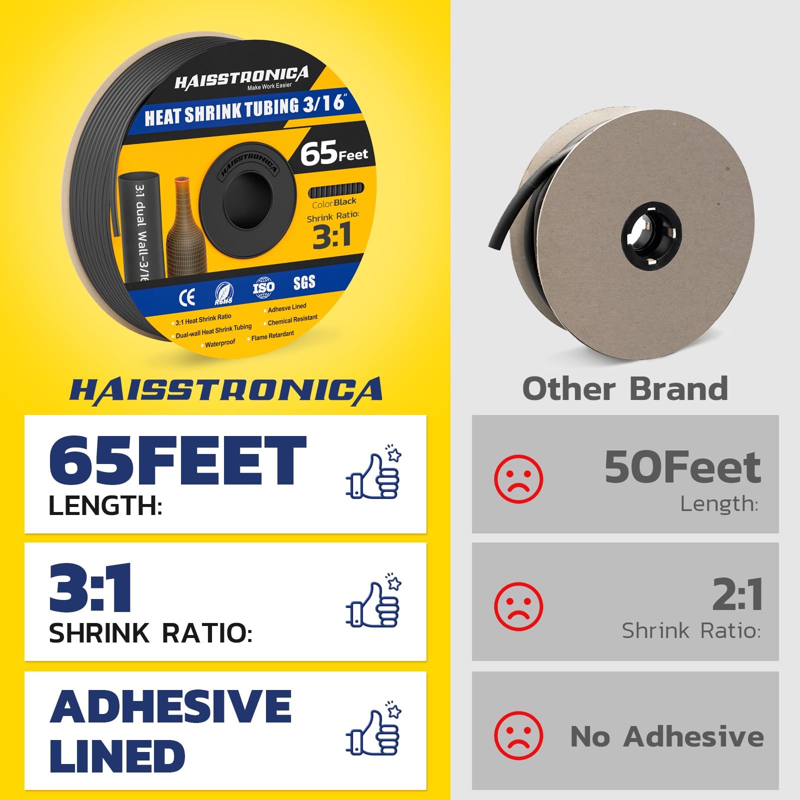 Haisstronica waterproof heat shrink tubing (3/16", 65ft, black) with 3:1 shrink ratio and adhesive lining for industrial use.