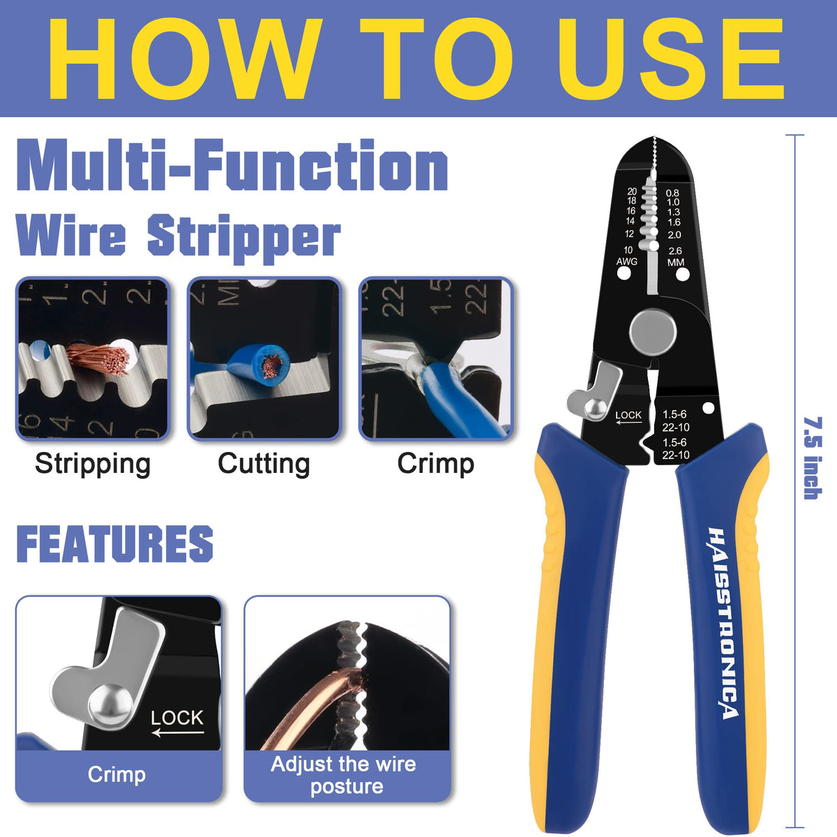 HAISSTRONICA wire stripper, 7.5-inch, AWG 1.5-6, locking mechanism, ergonomic design.