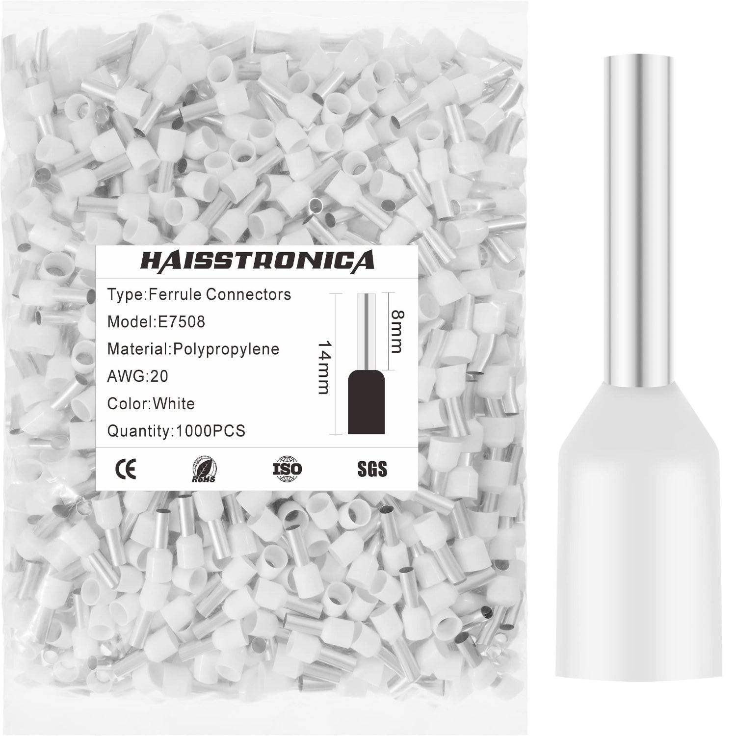 Haisstronica E7508 white wire end ferrule, AWG 20, 1000PCS, polypropylene, ideal for precision wire termination.