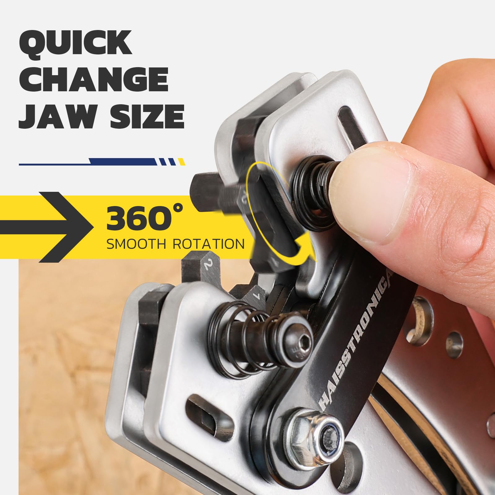 Haisstronica battery cable crimping tool with 360° rotatable jaws and quick-change die system for 8-1/0 AWG terminals.