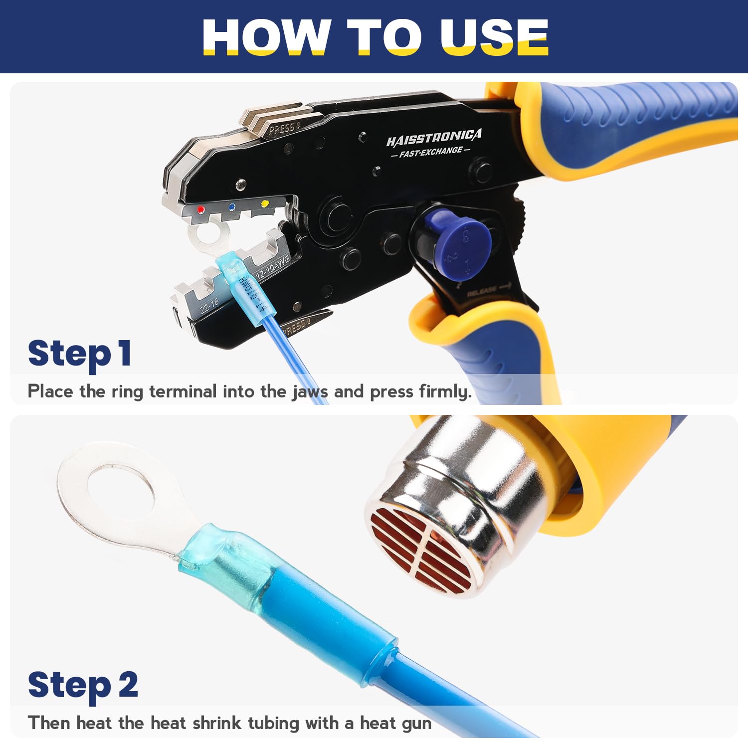 Step-by-step guide for Haisstronica heat shrink ring terminal connectors: crimp and heat-shrink for stability.