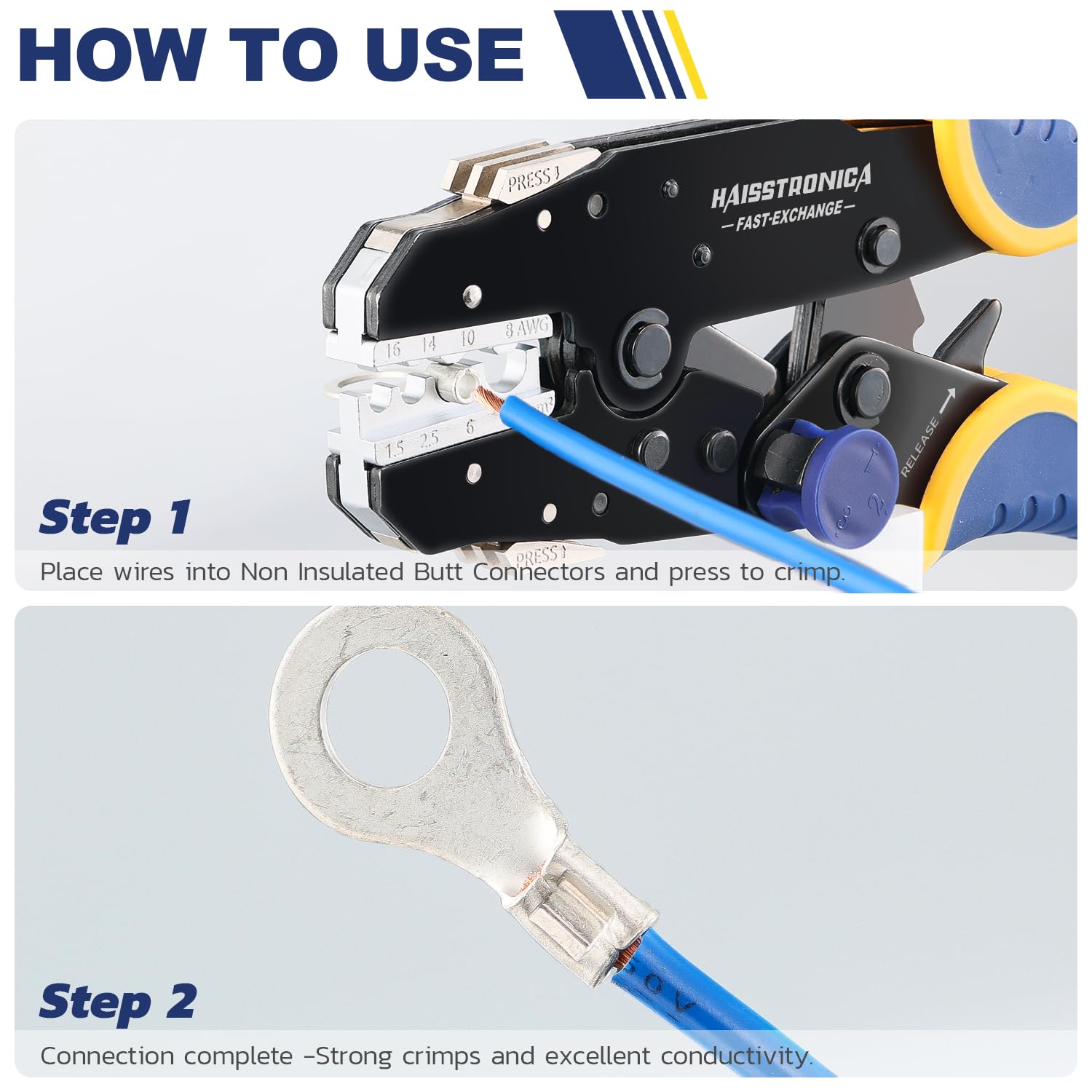 Step-by-step guide for Haisstronica uninsulated butt splice connectors: crimp wires for strong, conductive connections.
