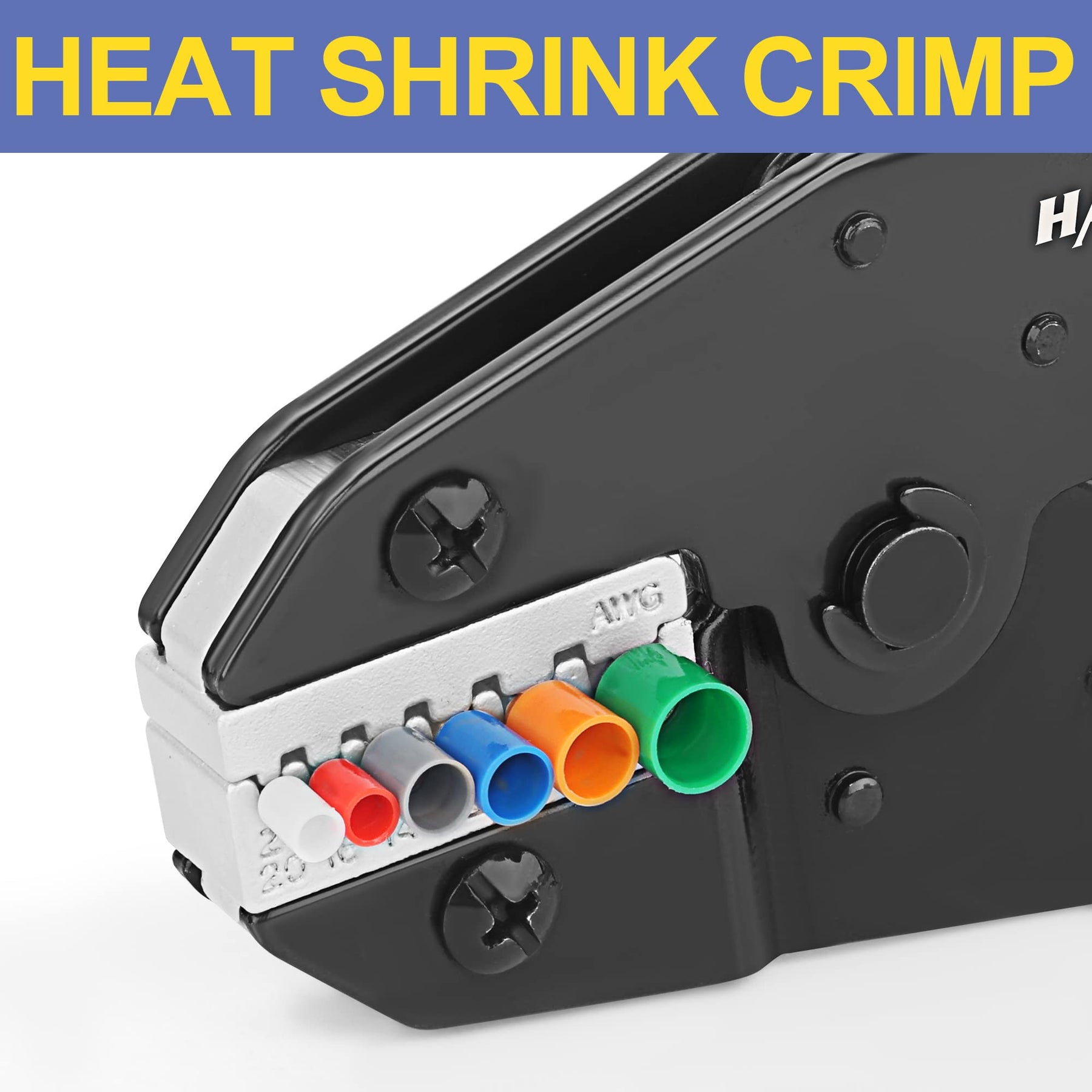 Close-up of Haisstronica crimper jaws compressing a heat shrink connector.