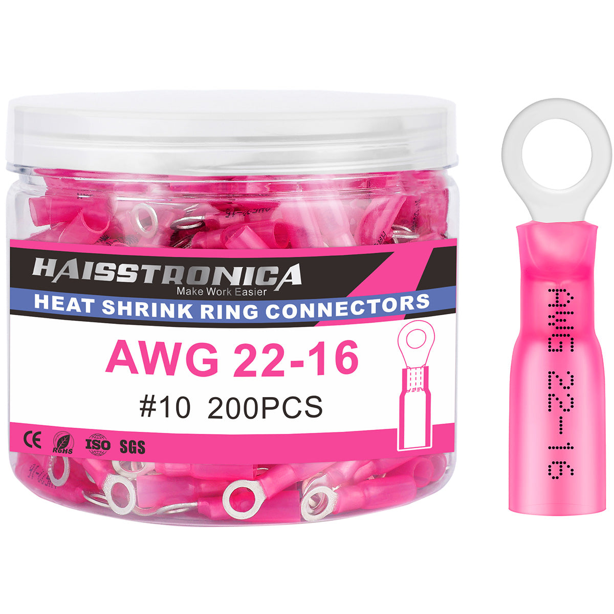 Heat Shrink Wire Connectors Ring Terminals 80/100/150/200PCS AWG 22-10 #10, 1/4", 5/16", 3/8" - (Bottlte)