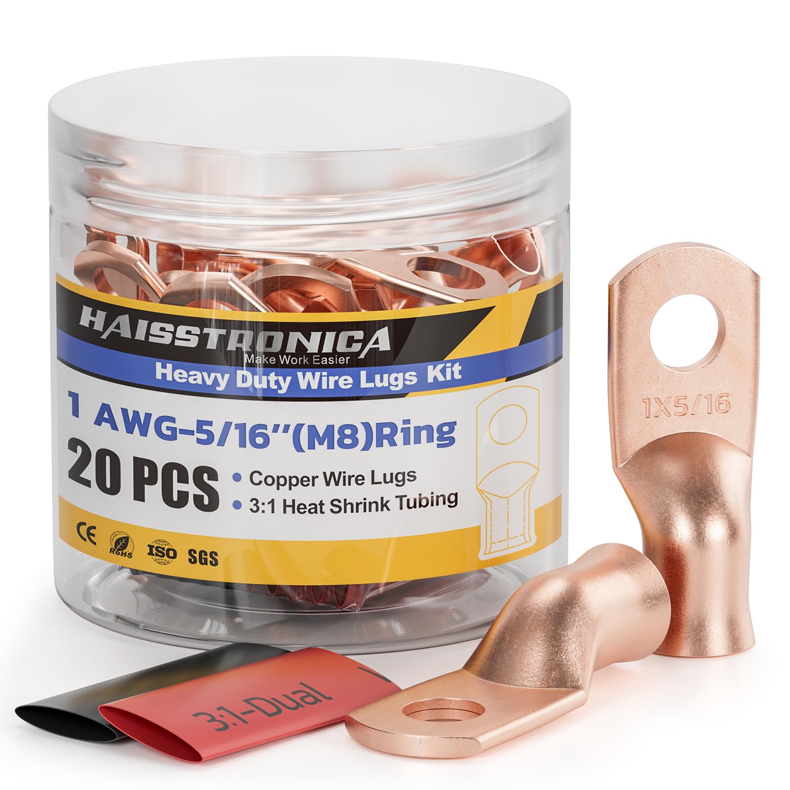 Battery Terminal Multiple Connections Kit - Haisstronica 1AWG-5/16" copper lugs, 20PCS with heat shrink, compliant and UL-certified.