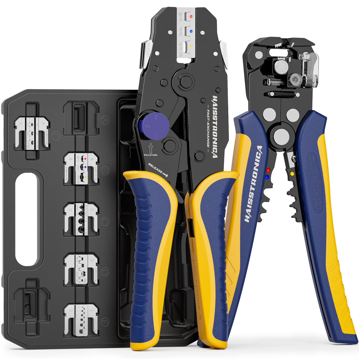 Haisstronica best wire crimper set, FAST-EXCHANGE jaws, purple knob, storage case with dies (10.2M/12-10), blue/yellow handles.