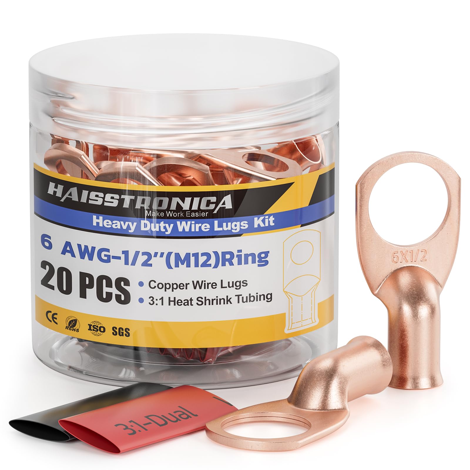 Haisstronica 6 AWG-1/2" Copper Battery Cable Ends – M12 Ring Lugs, 3:1 Dual Shrink Tubing, 20PCS Kit.