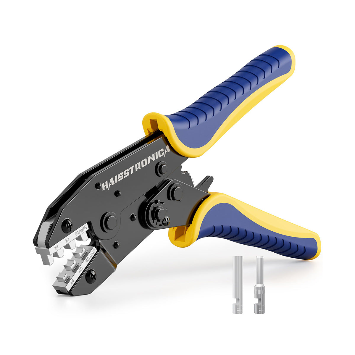 HAISSTRONICA Crimping Tool for Solar Connectors - Black body, ergonomic blue/yellow handles, 10-14 AWG dies. Swappable metal inserts.