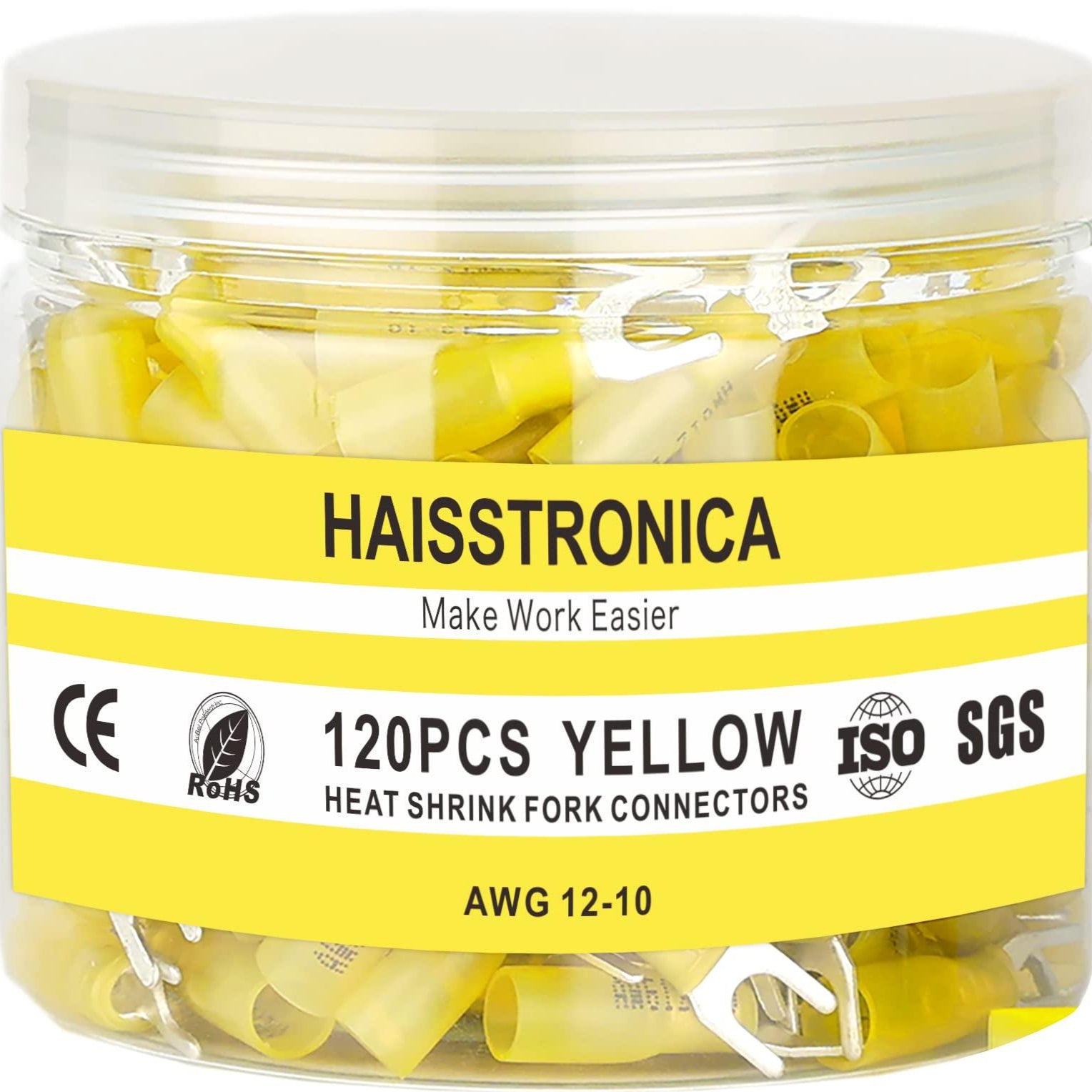 Haisstronica shrink wrap wire connectors, 120PCS yellow fork terminals, ISO SGS certified for AWG 12-10.