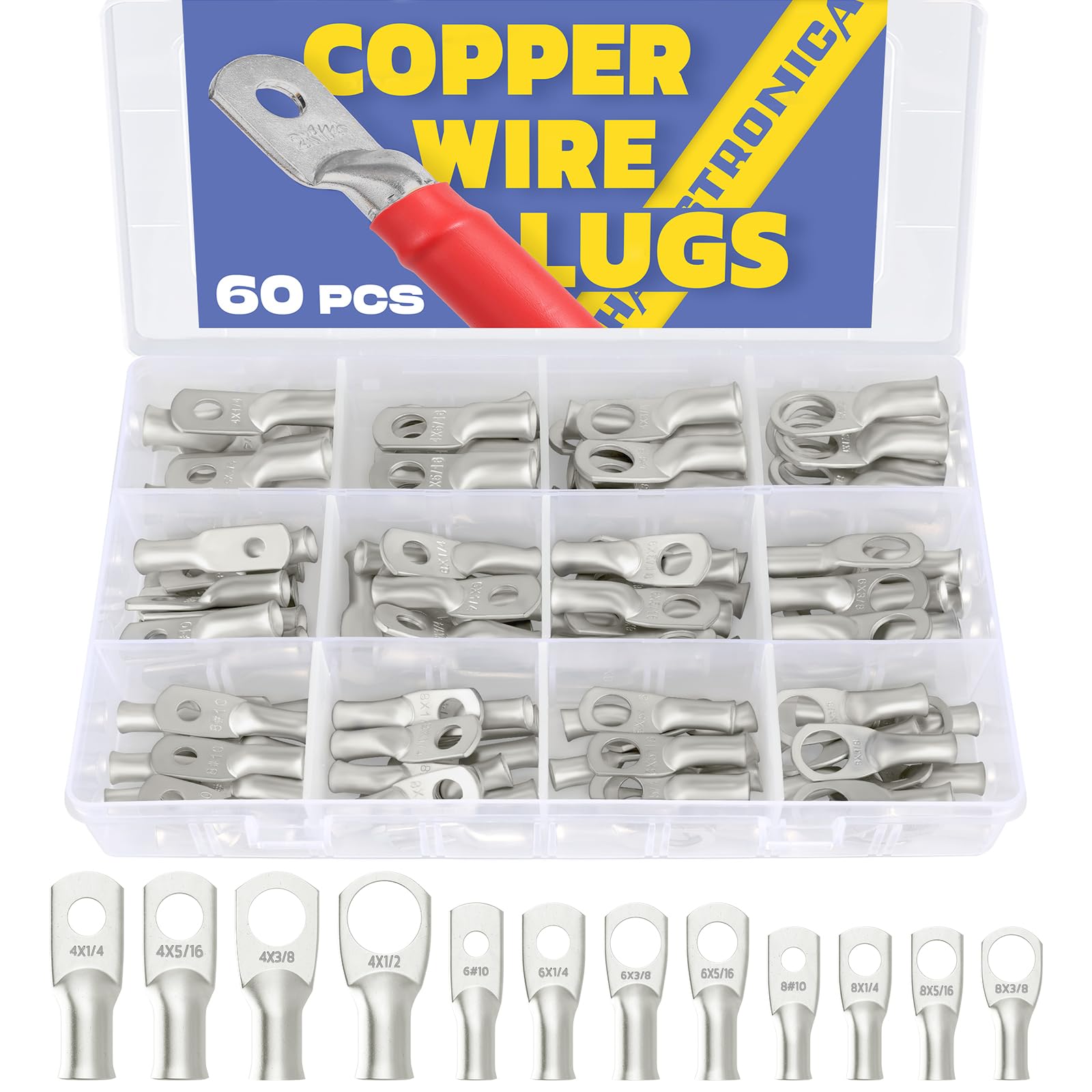 Haisstronica copper wire lugs set, 60 pcs assorted sizes for battery terminations; pairs with a battery cable crimper.