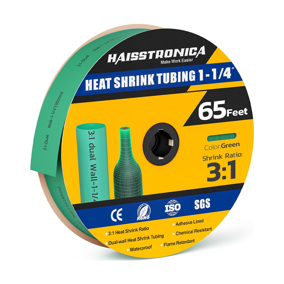 Haisstronica shrink tubing (1-1/4", yellow, 65ft) – 3:1 dual-wall design for electrical or automotive use.