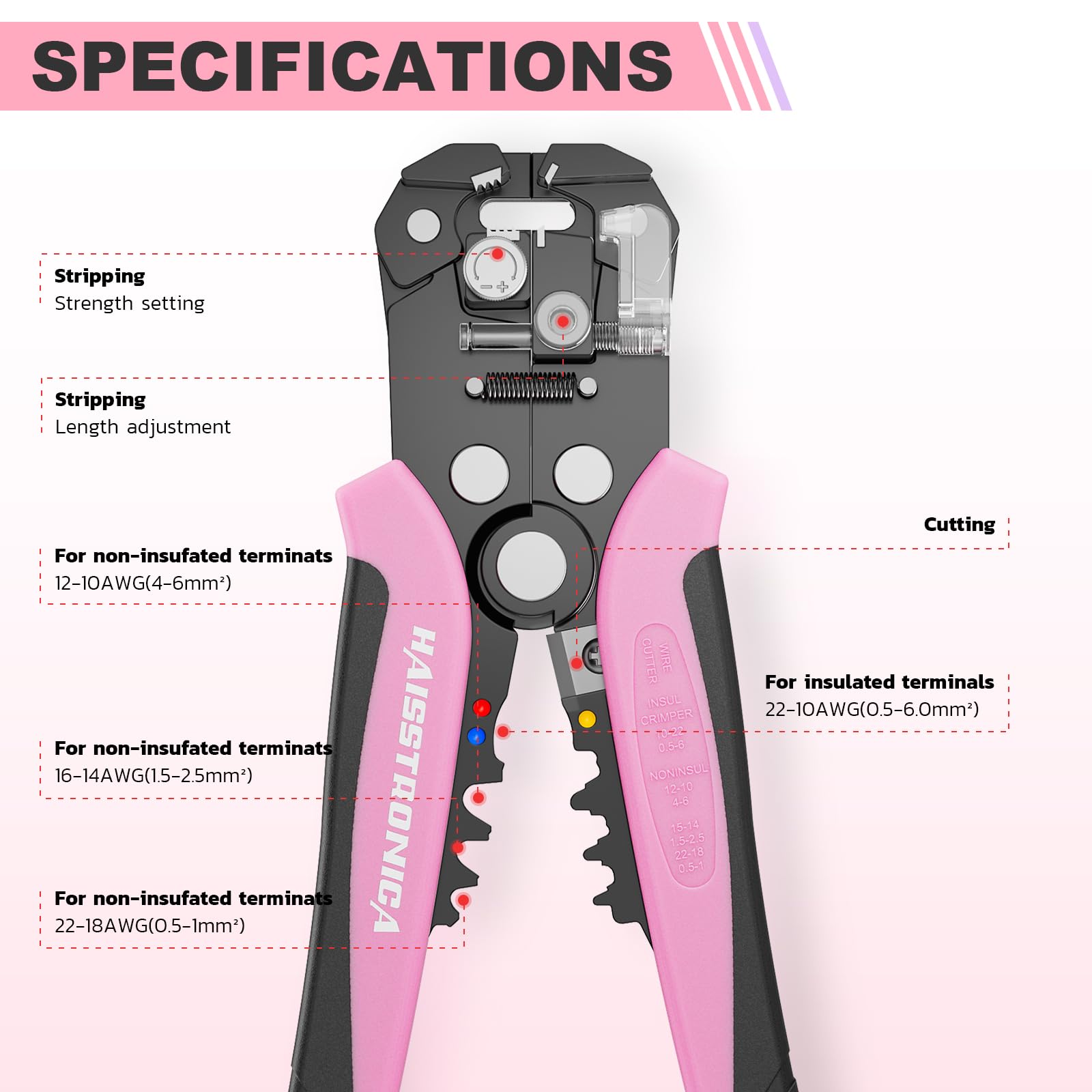 Haisstronica wire stripper specifications: adjustable for insulated/non-insulated terminals (AWG 22-10).