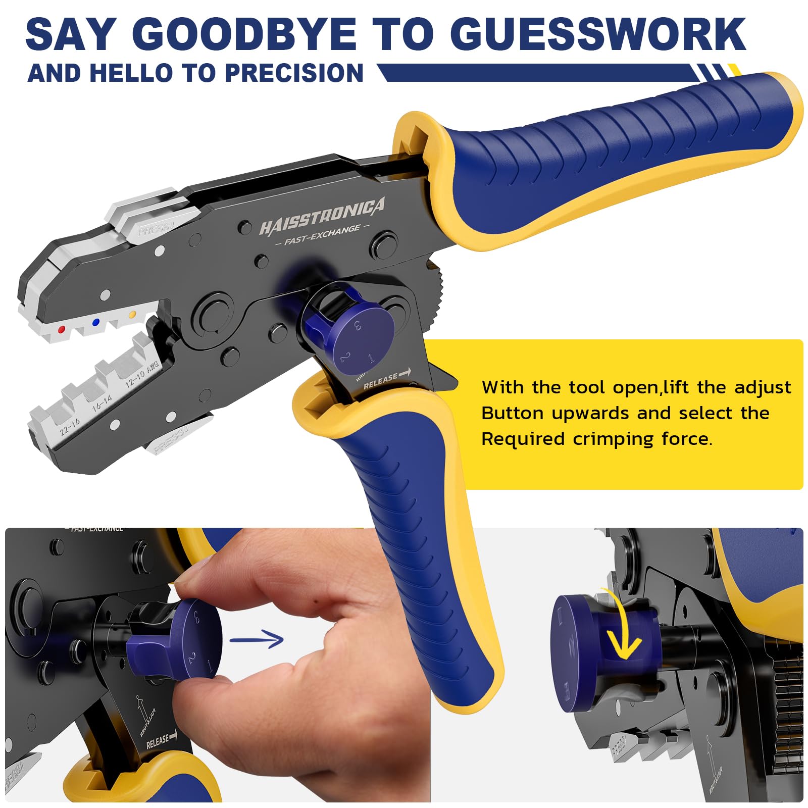 Haisstronica crimping tool, adjustable force button, 22-16 AWG, precision mechanics, white background, non-insulated terminals.