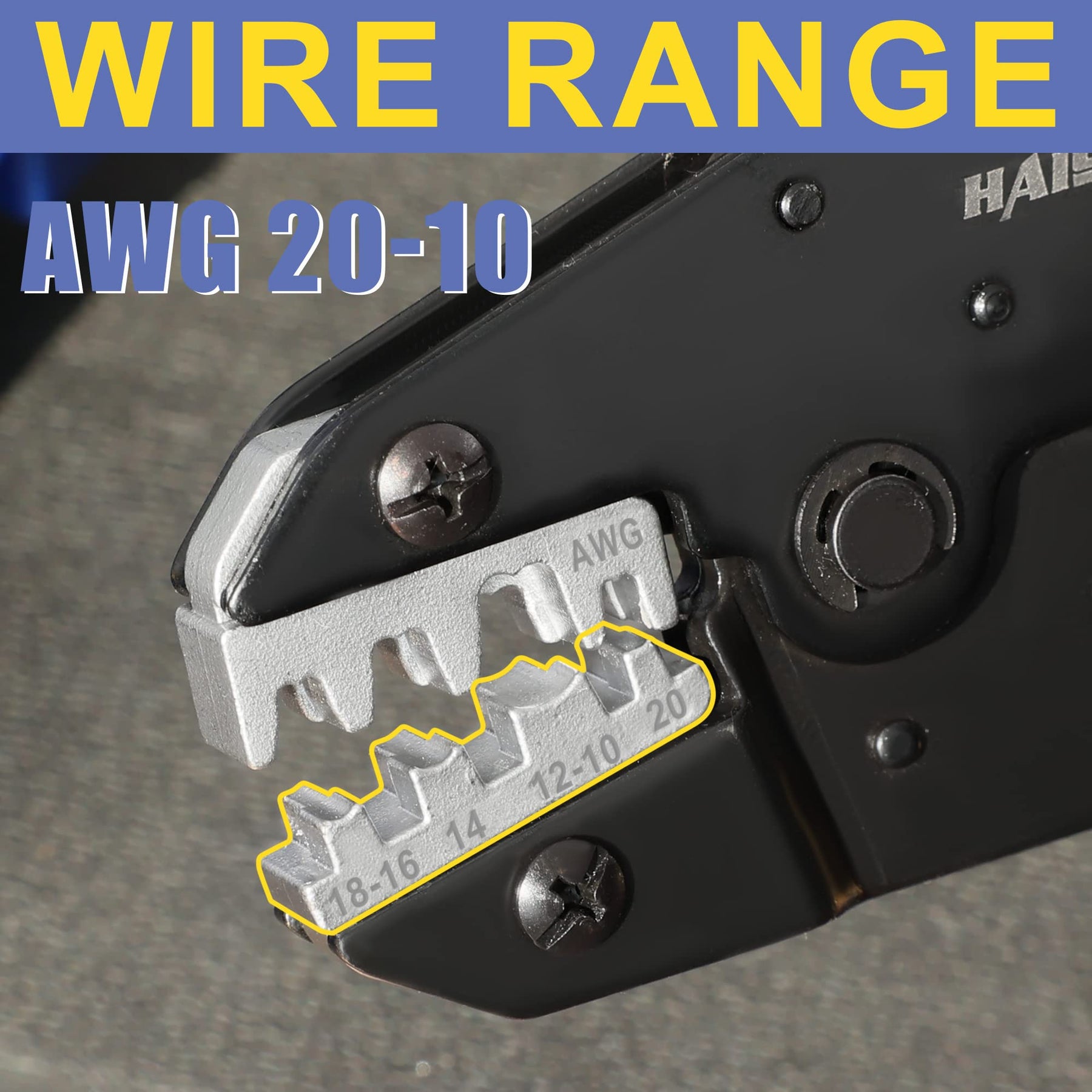 Haisstronica Crimping Tool for Non-Insulated Terminals - AWG 20-10. Silver jaw with 18-16,14,12-10 markings.
