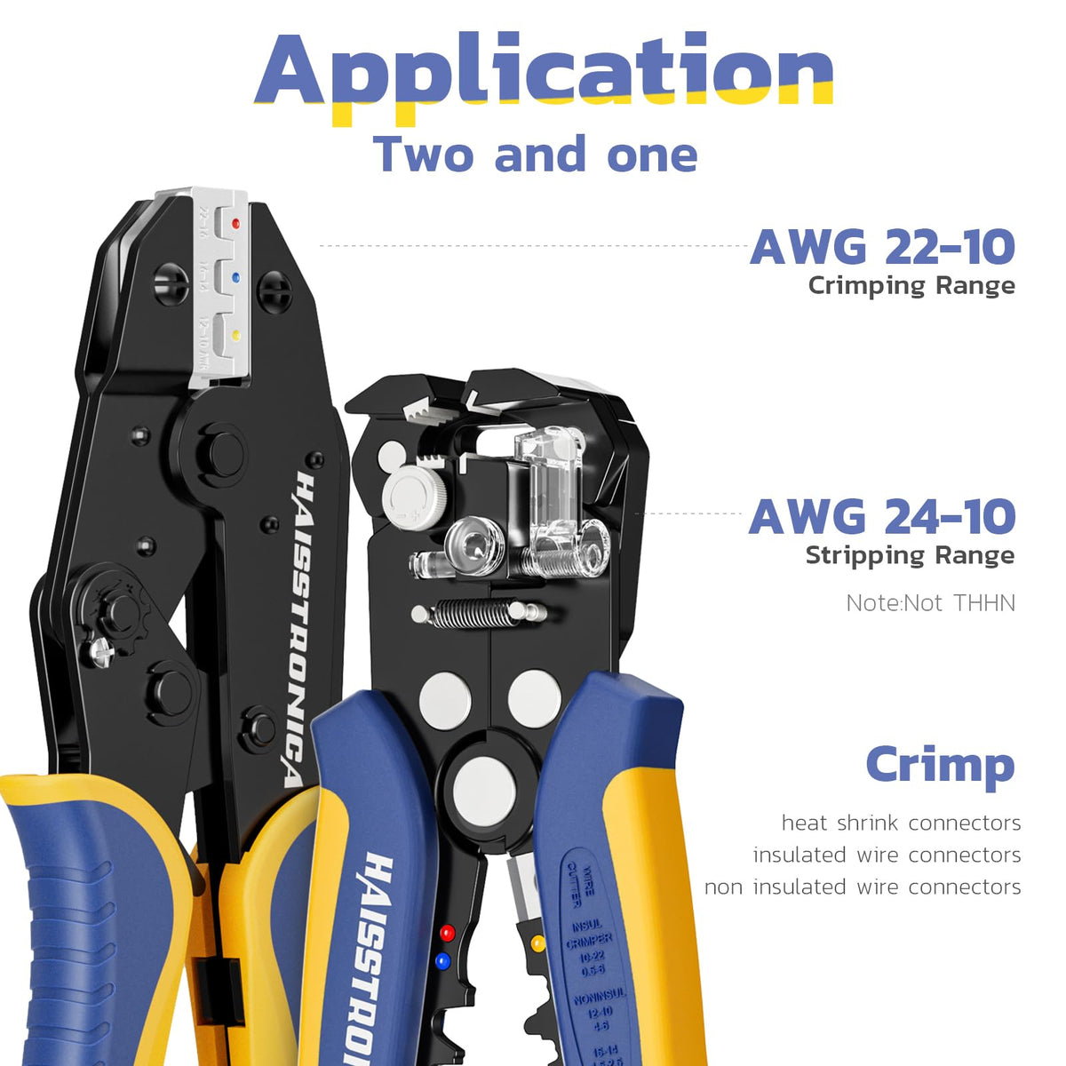 Haisstronica cable crimper, 2-in-1 crimp & strip, AWG 22-10, heat shrink compatible, non-THHN.