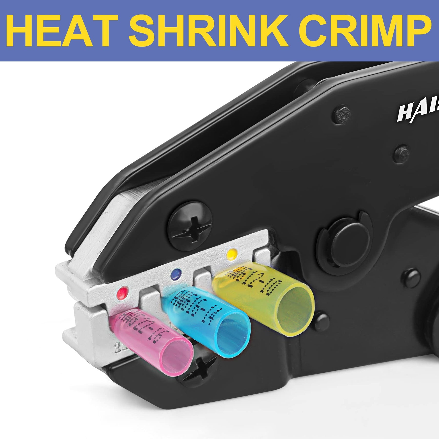 Haisstronica Wire Crimping Tool with heat shrink tubes. AWG 22-10, ergonomic black design.