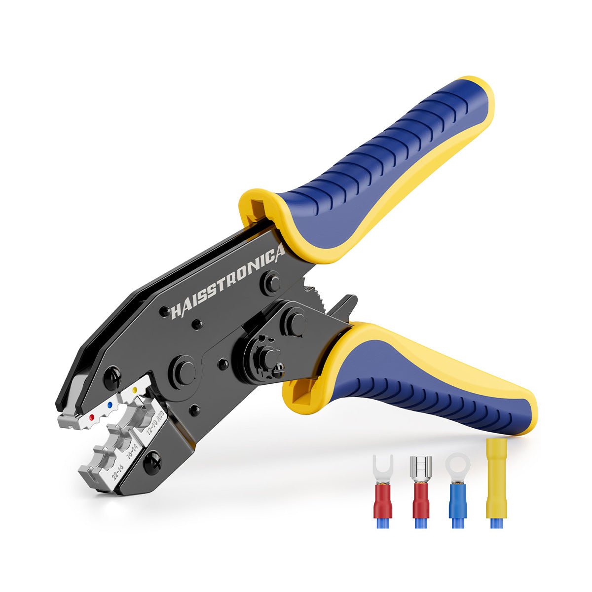 Haisstronica Crimping Tool 0582 - Black body, blue/yellow handles, multi-terminal support. White background.