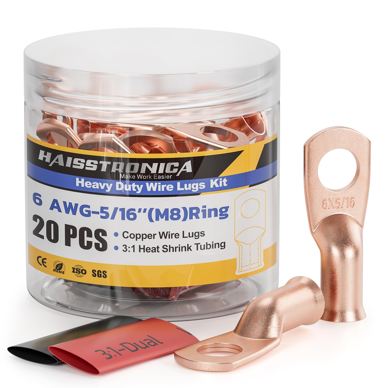 Haisstronica 6 AWG-5/16" Copper Crimp Connectors – M8 Ring Terminals, 3:1 Heat Shrink Tubing, 20PCS.