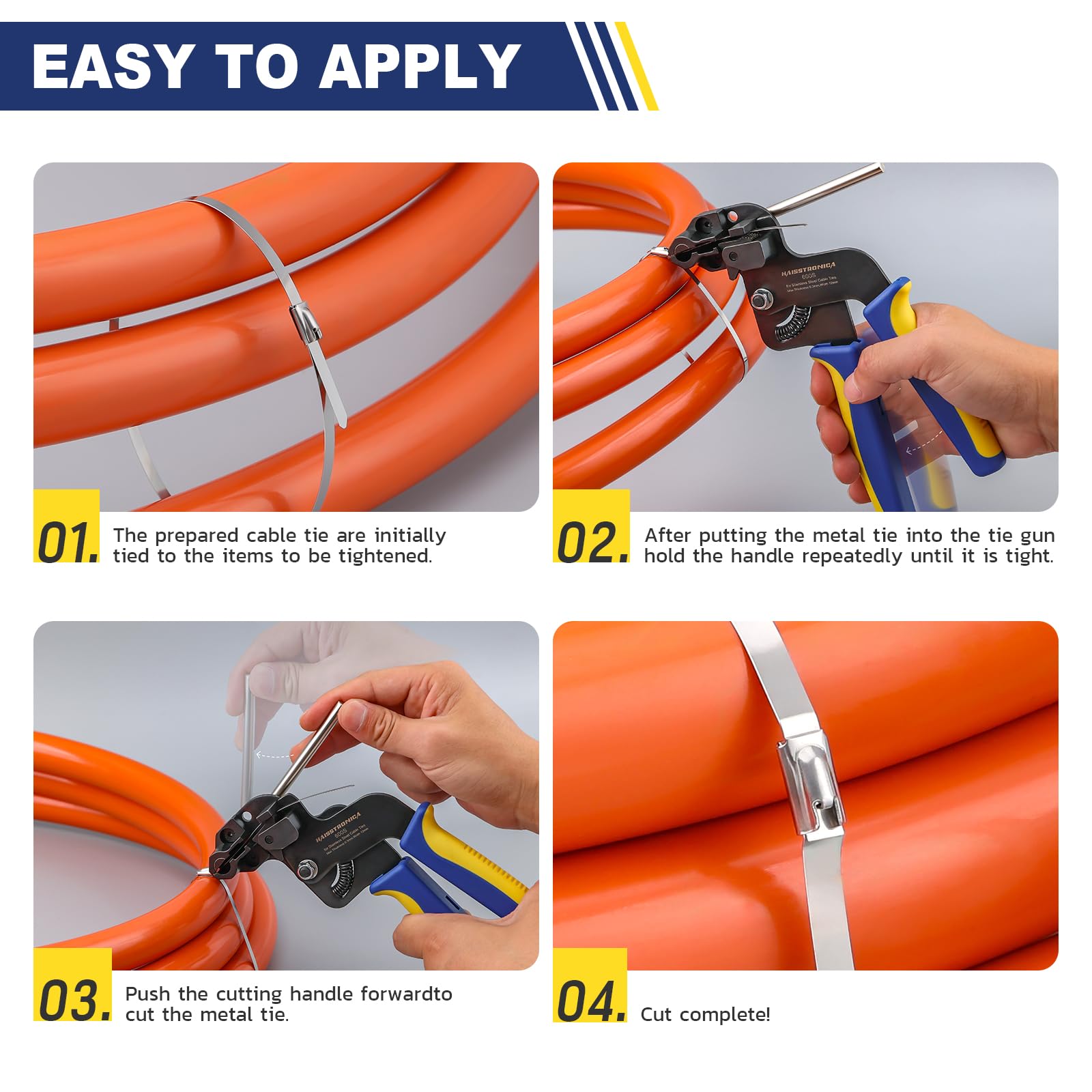 Close-up using a zip ties gun on orange hose; repeat squeeze to tension, then push cutter bar to trim neatly and safely.