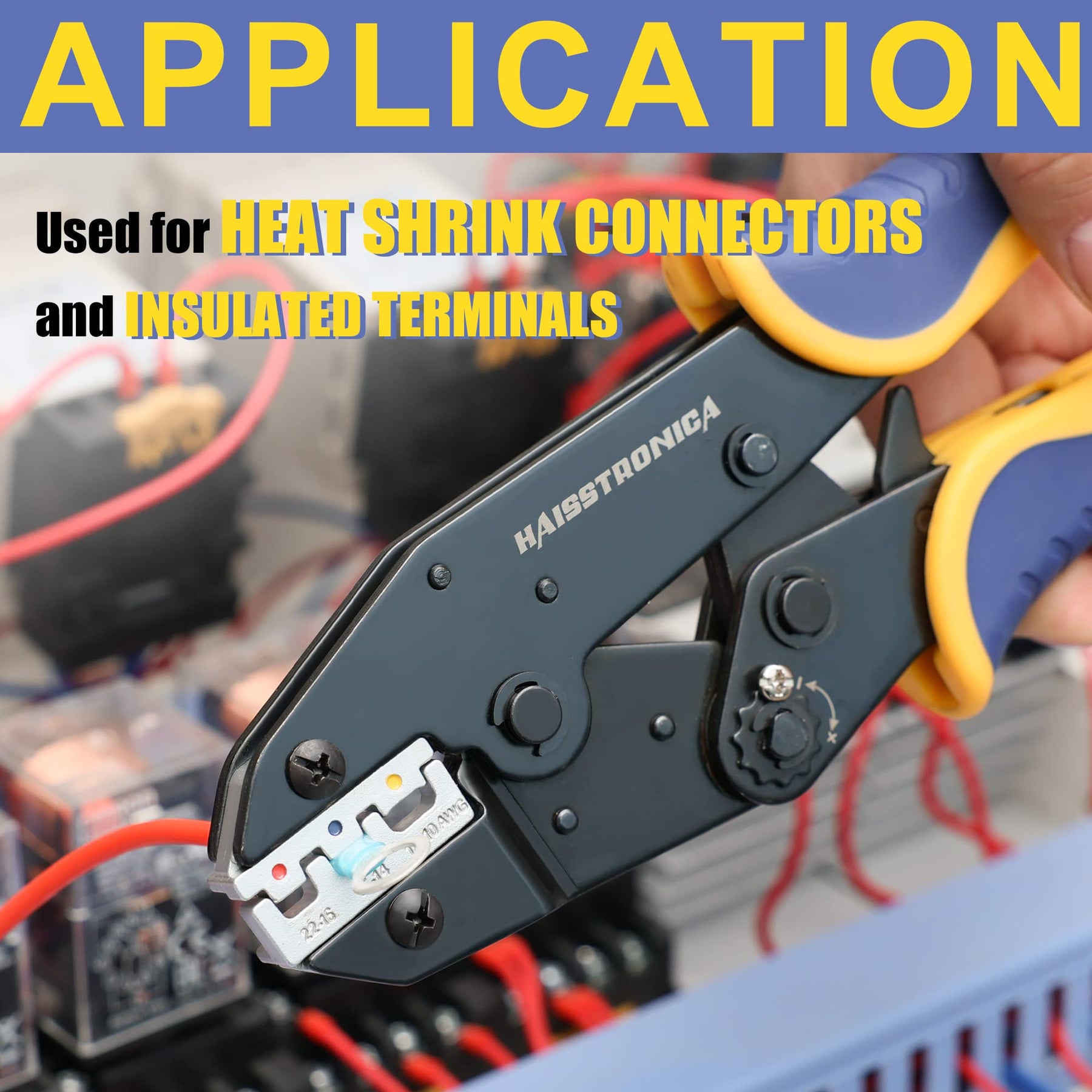 Haisstronica Wire Crimping Tool in action: Securing car battery terminals. AWG 22-10.