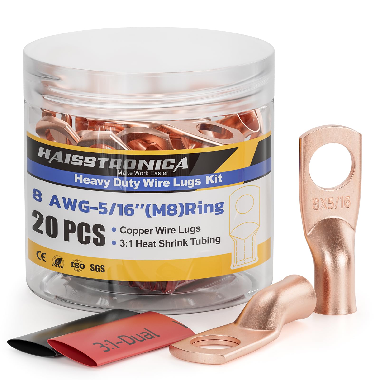 Haisstronica Electrical Copper Connectors – 8 AWG-5/16" M8 Lugs, 20PCS Kit (UL Approved).