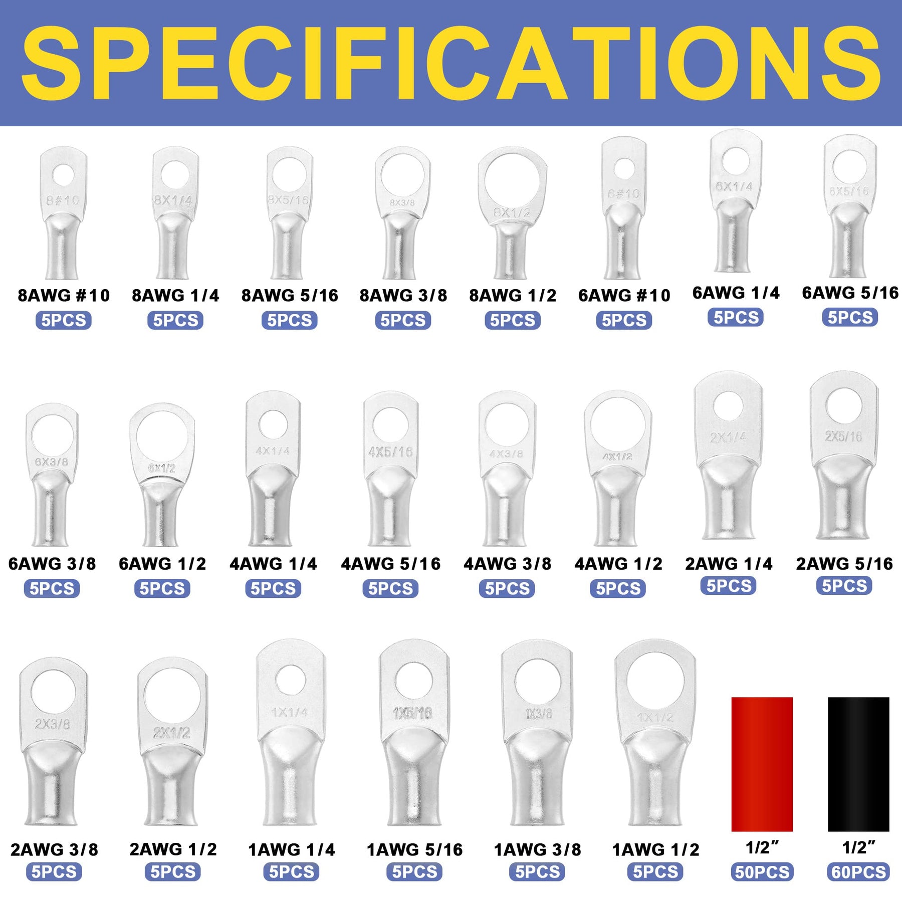 Haisstronica presents a variety of copper crimp connectors in different specifications. The detailed chart lists types like 8AWG and 6AWG, useful for understanding electrical connection options.