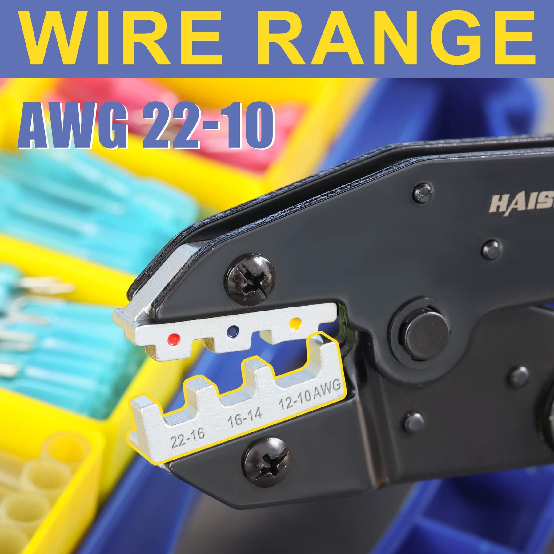 Haisstronica Wire Crimping Tool close-up with AWG 22-10 markings. Metal body, precise crimping.