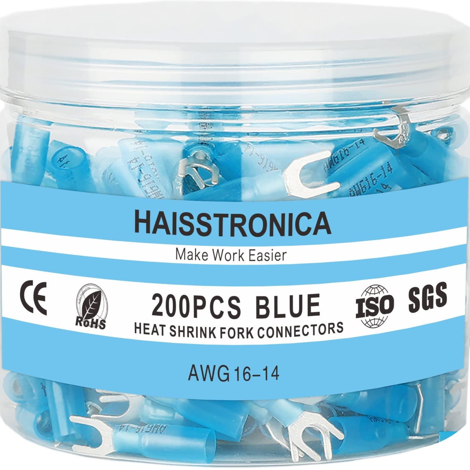 Haisstronica heat shrink electrical connectors, 200PCS blue fork terminals, AWG 16-14, ISO SGS certified.