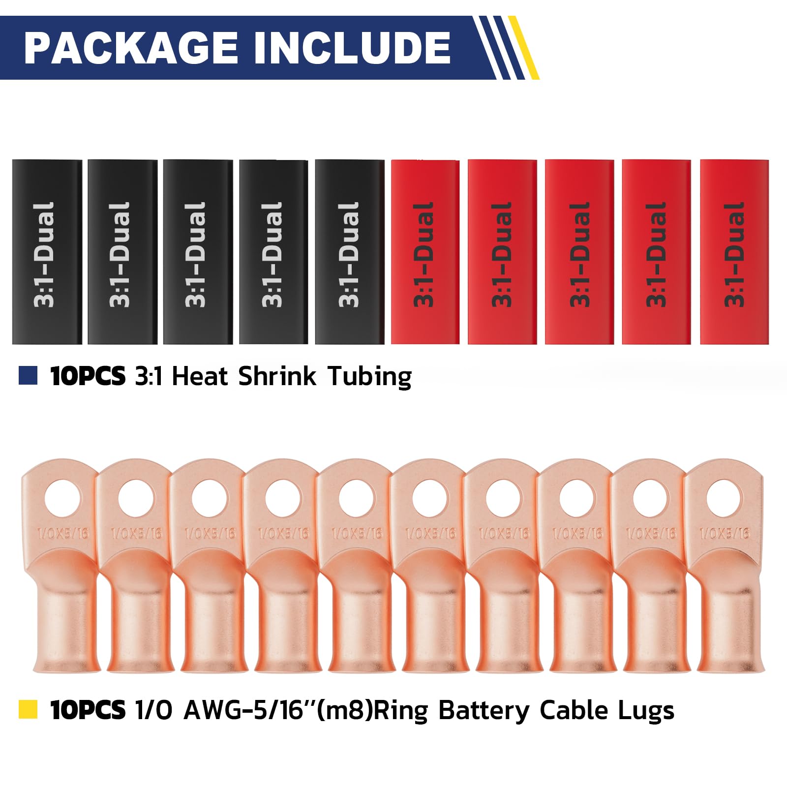 Haisstronica 1/0 AWG-5/16" M8 ring battery terminals with 10PCS heat shrink tubes, step-by-step crimping guide included.