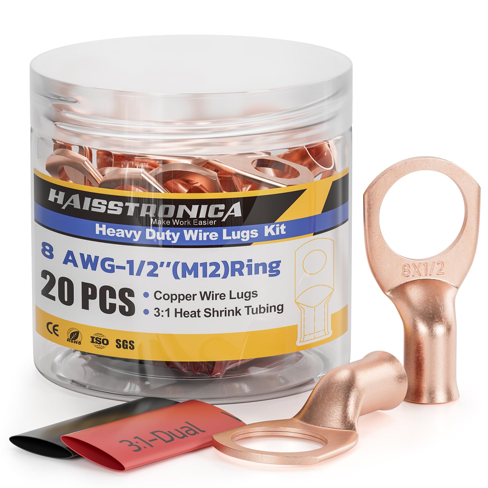 Haisstronica 8 AWG Copper Cables and Connectors – M12 Ring Terminals, 20PCS with 3:1 Shrink Tubing.