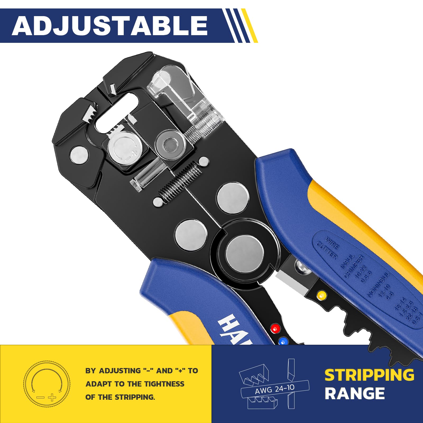 Adjustable Haisstronica wire stripper for AWG 24-10 cables with tension control (+/- settings).