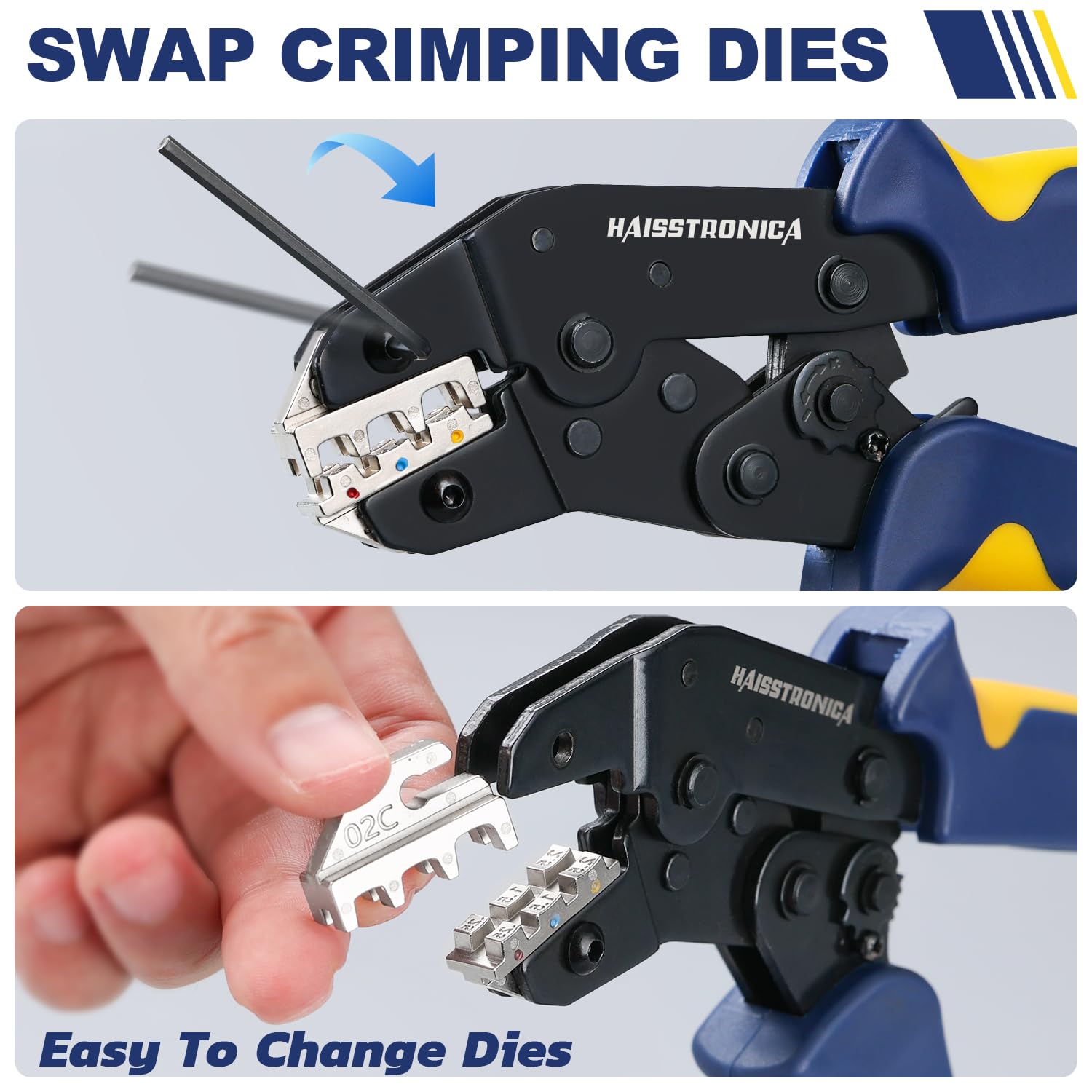 Wire crimping tool with quick-swap dies; change the head and continue precise compressions for many connector styles