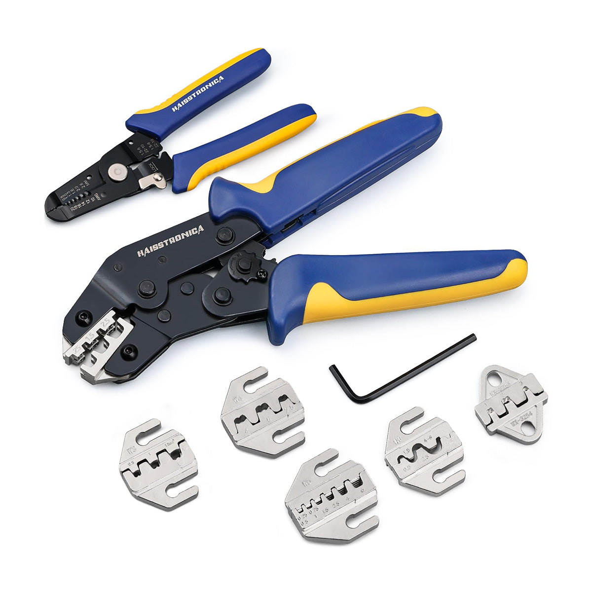 High-quality wire crimper tool set with multiple interchangeable dies and ergonomic handle for precise electrical connections.