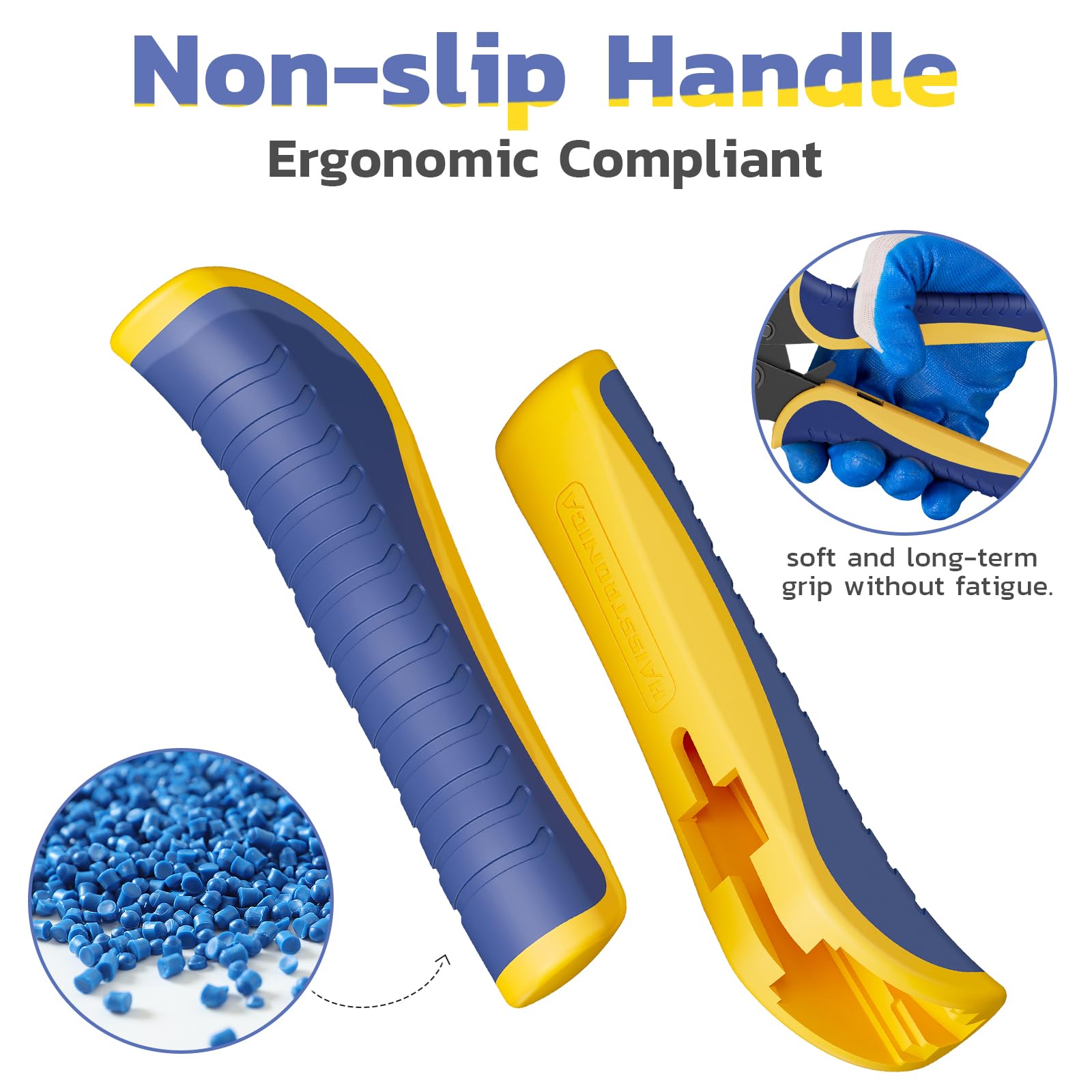 Haisstronica wire stippers, ergonomic non-slip handles, blue/yellow, textured grip, prolonged use, durable.