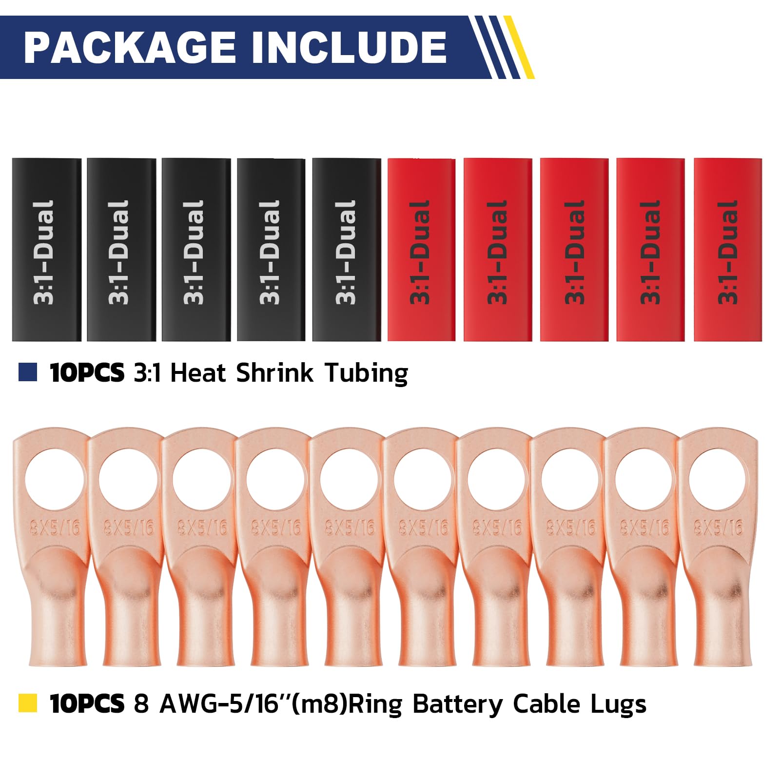 Haisstronica 8 AWG-5/16" M8 ring battery lead connectors, 10PCS, 3:1 heat shrink tubing for corrosion resistance.