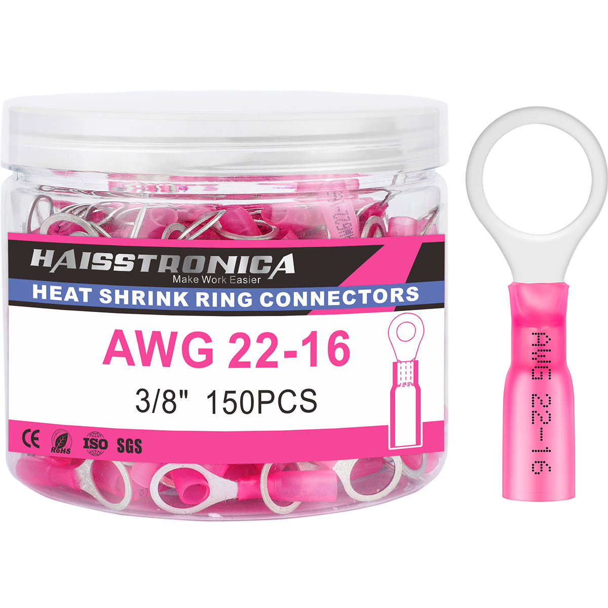 Haisstronica heat shrink ring terminals, 3/8" 150PCS, compatible with AWG 22-16 cables.