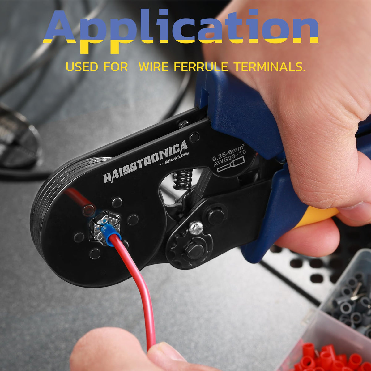 Wire Ferrule Crimping Tool in action. Insulated terminal crimping process.