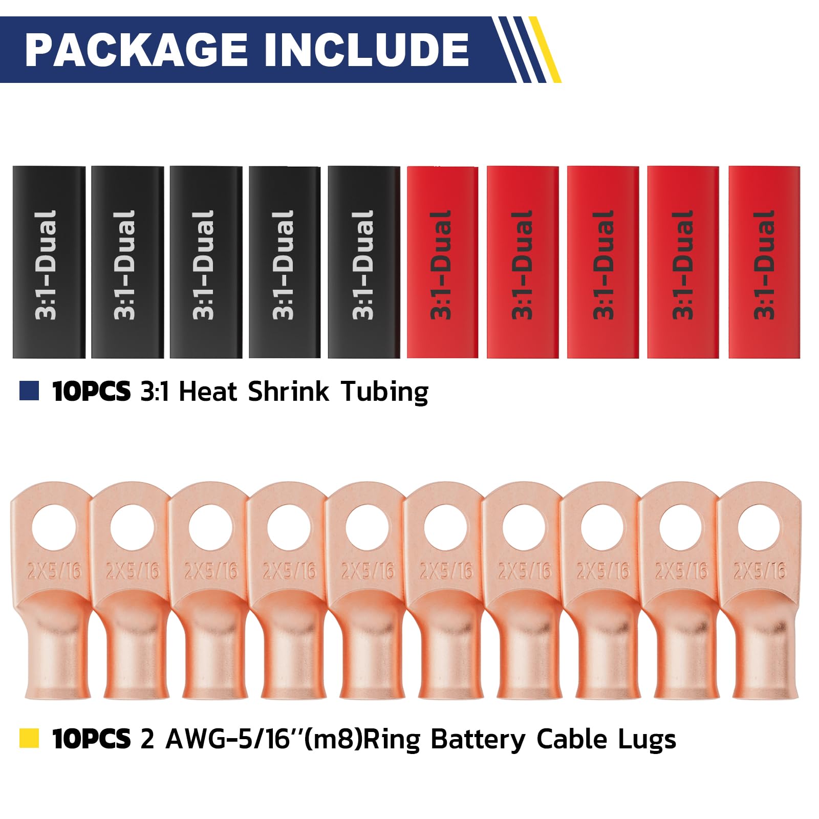 Haisstronica 2 AWG-5/16" M8 copper battery lead connectors, 10PCS, 3:1 dual-wall tubing for reliable conductivity.