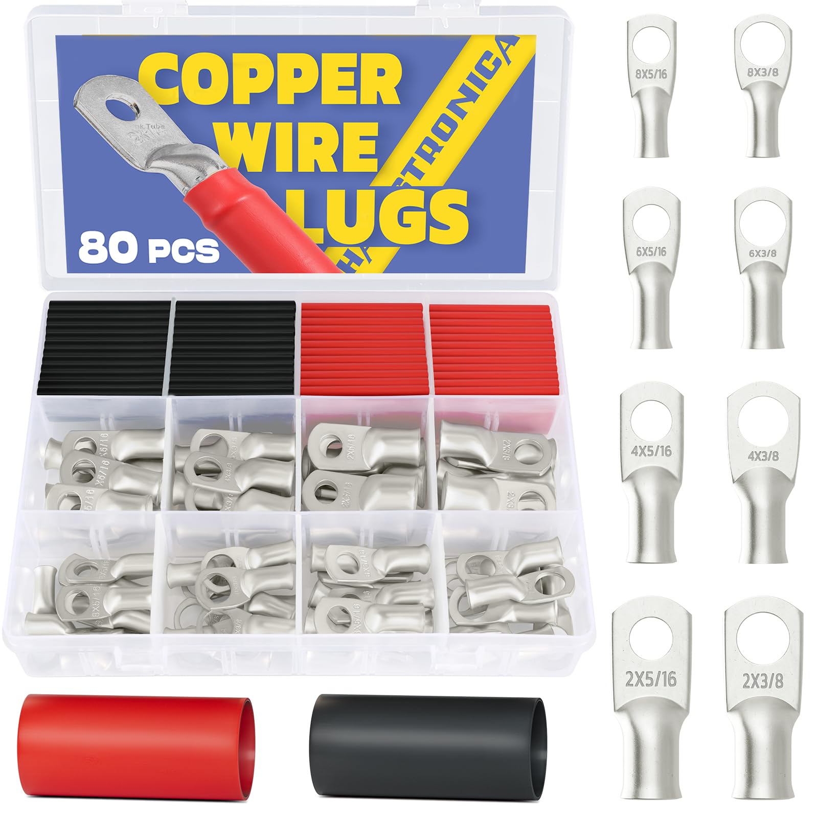 Assortment box of copper lugs with red and black heat shrink tubing, ideal for battery cable crimper projects on cars or boats.