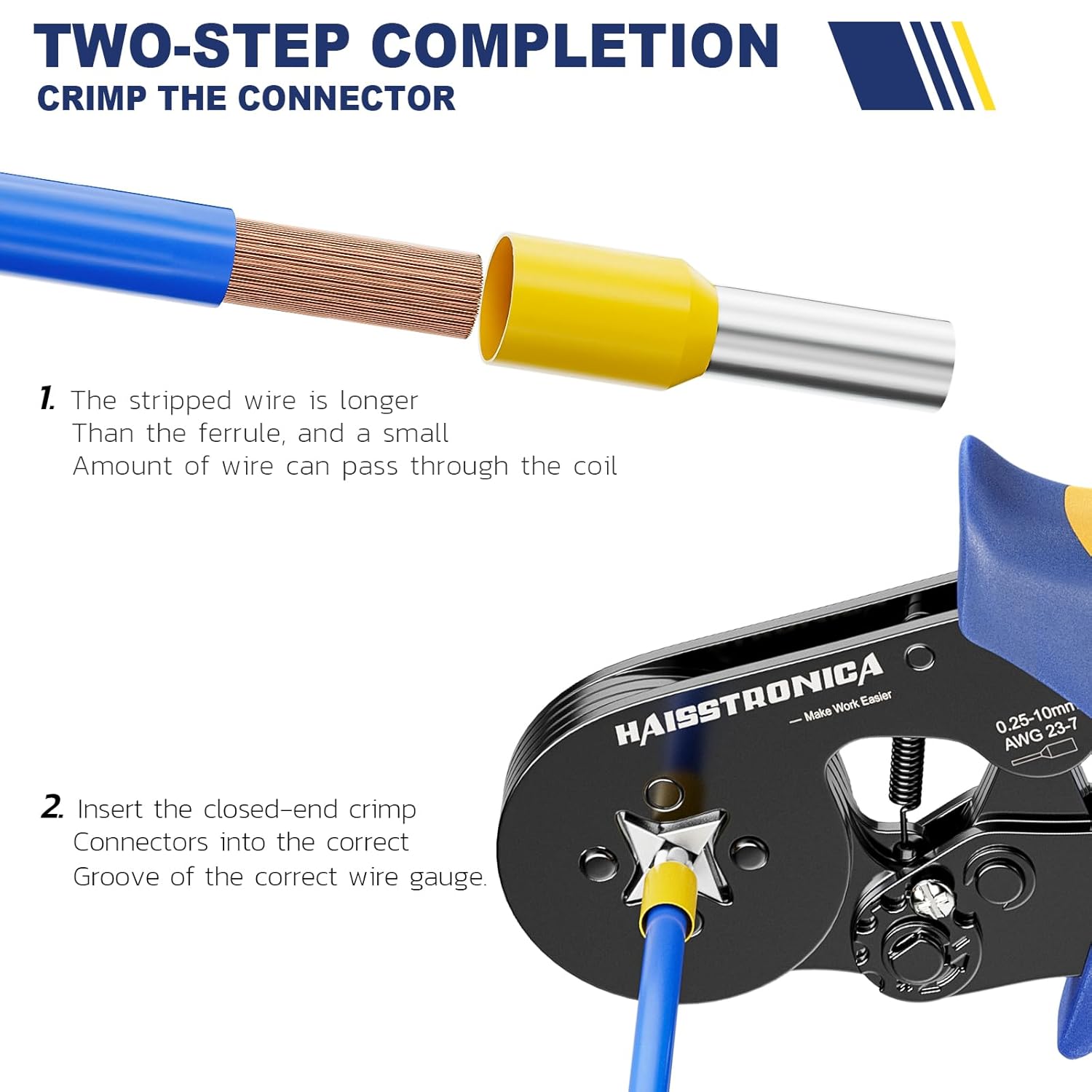 Haisstronica two - step guide for ferrule for wire. Shows crimping process for secure electrical connections.
