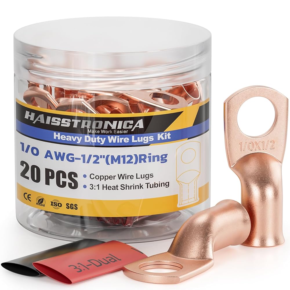 Haisstronica 1/0X1/2 copper battery cable ends: 20 PCS M12 lugs with heat shrink tubing, designed for battery terminal multiple connections.