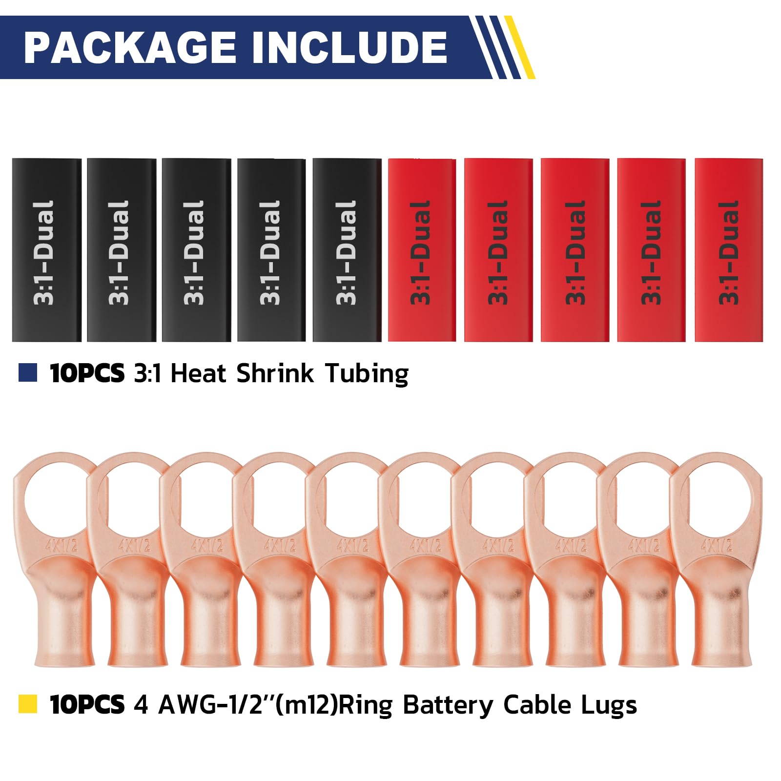 Haisstronica 4 AWG-1/2" M12 ring battery cable terminals, 10PCS with 3:1 dual-wall heat shrink tubing for secure connections.