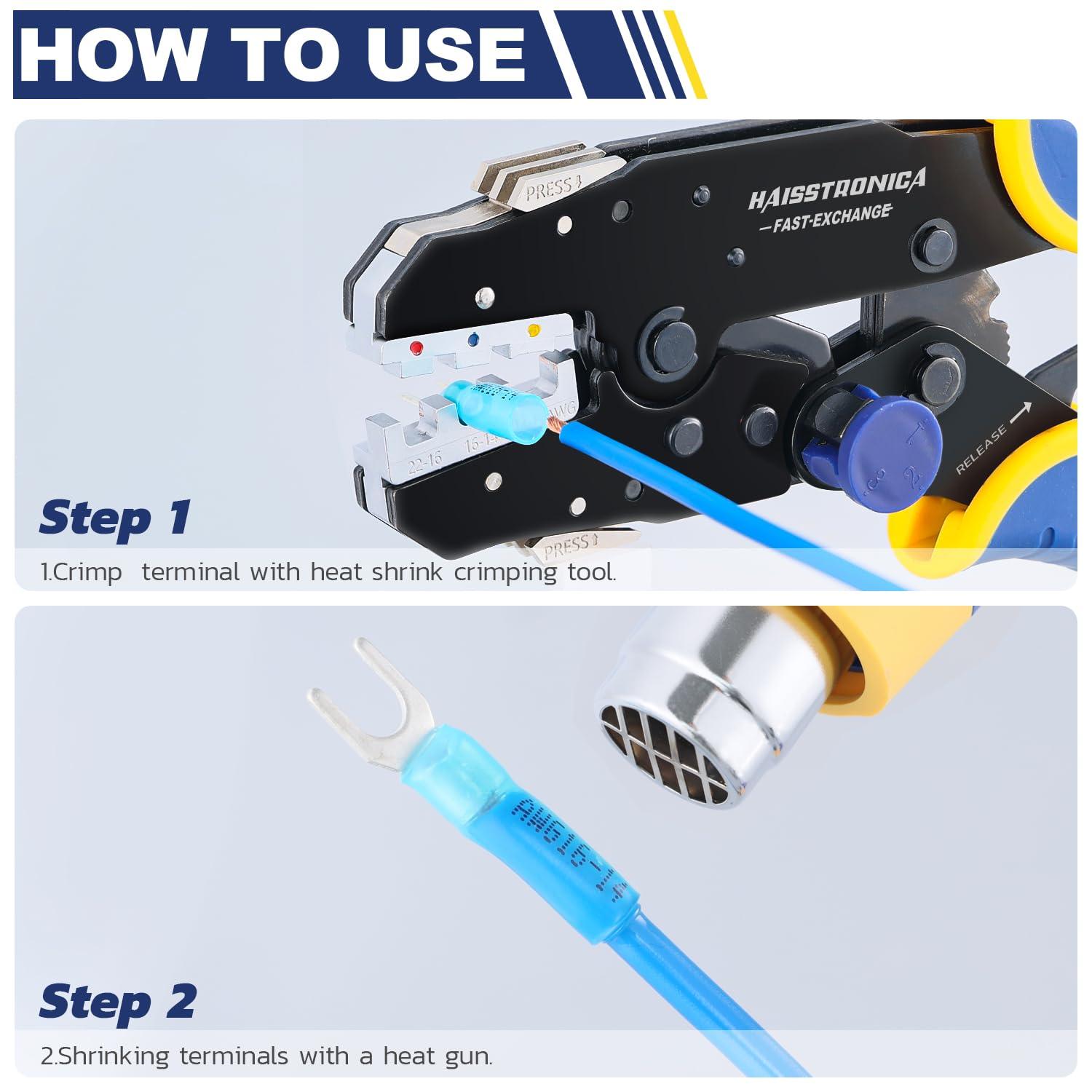 Haisstronica heat shrink crimp connectors: step-by-step crimping and heat-shrinking instructions.