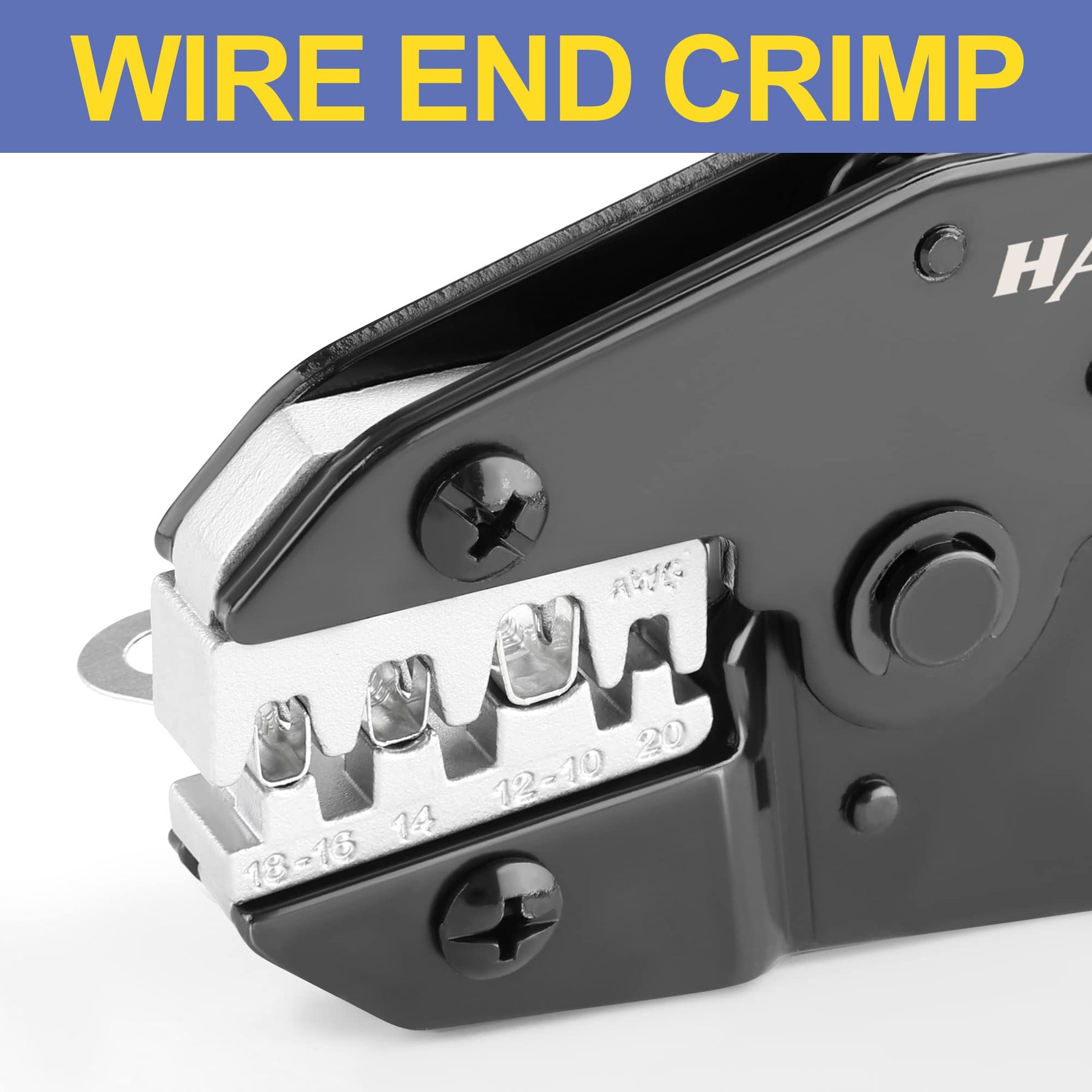 Haisstronica Crimping Tool close-up with Textured handle, metallic head. 'WIRE END CRIMP' label.