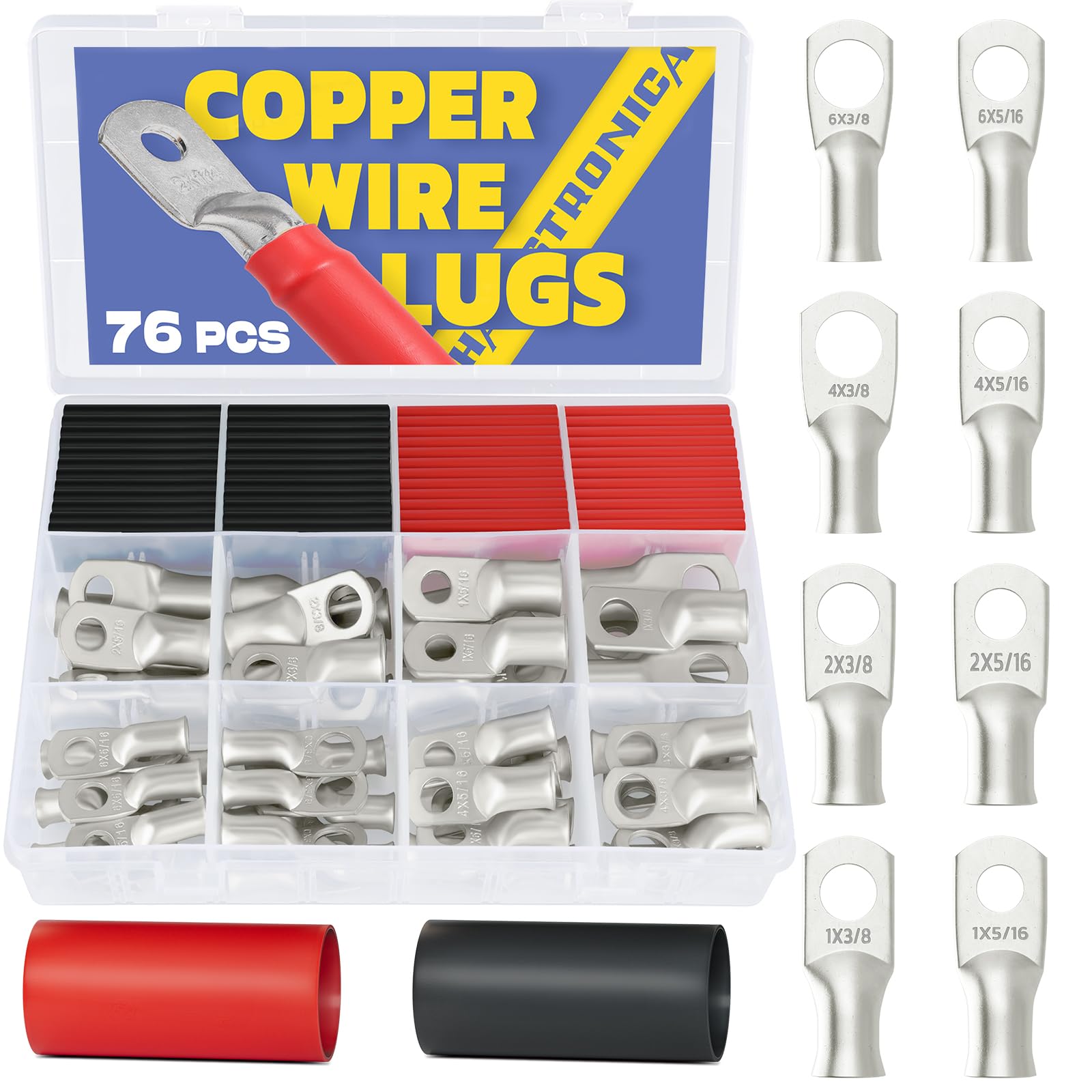 76-piece copper cable lug kit with mixed sizes and dual-wall heat shrink, organized compartments for terminal lug installations.
