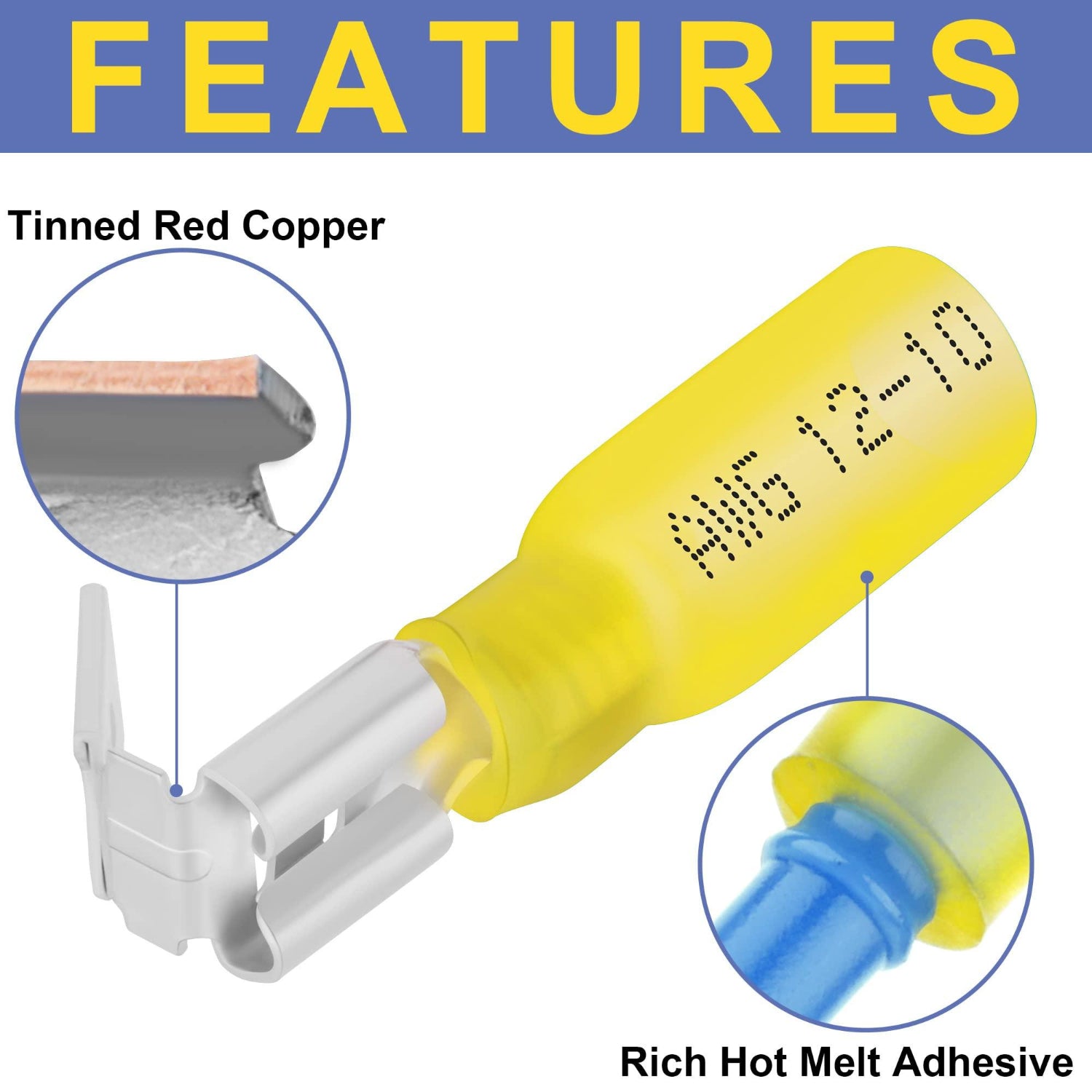 Haisstronica waterproof heat shrink connectors with tinned copper and hot melt adhesive for corrosion-resistant, weatherproof connections.