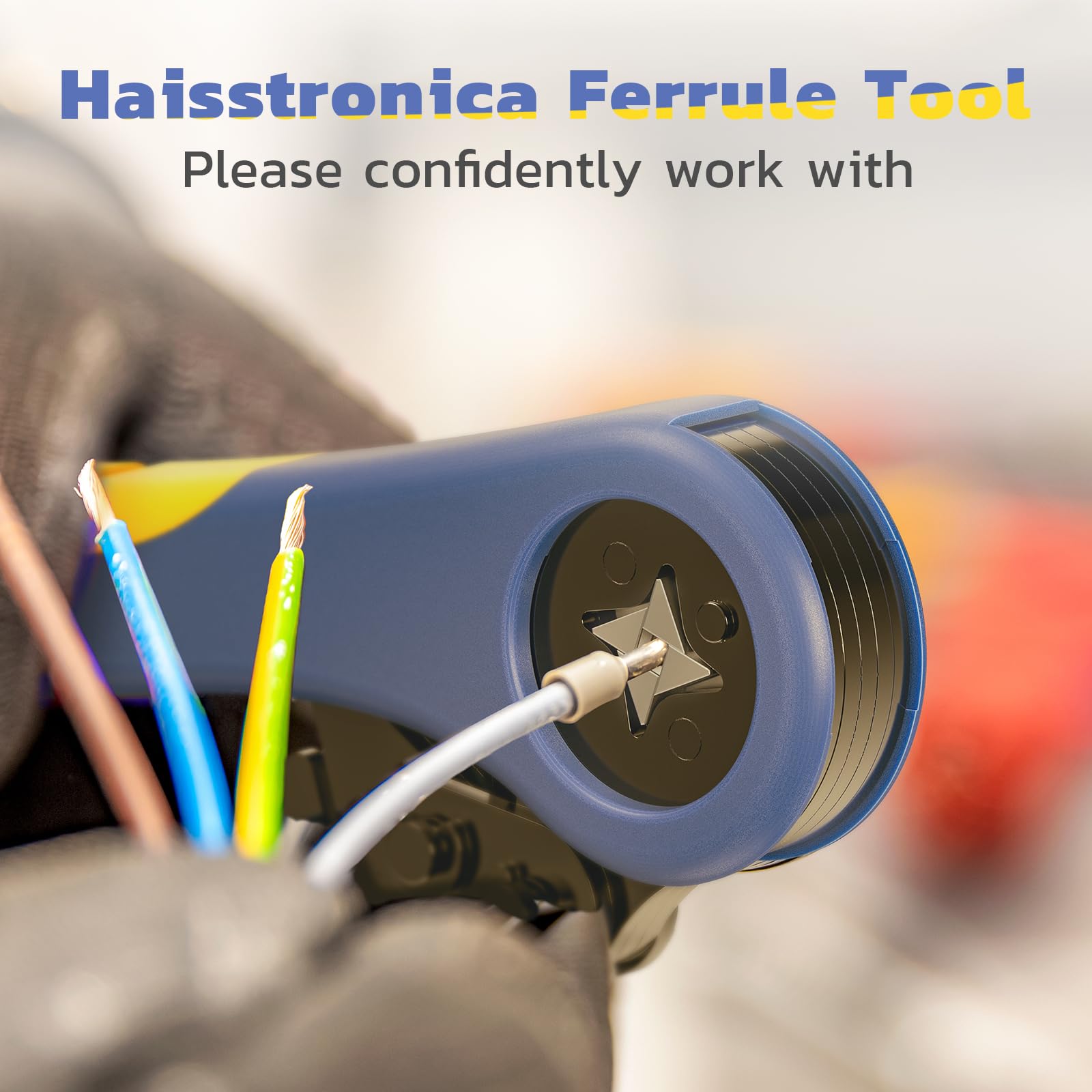 HAISSTRONICA Wire Ferrule Tool in action: wire inserted into star-shaped mechanism.