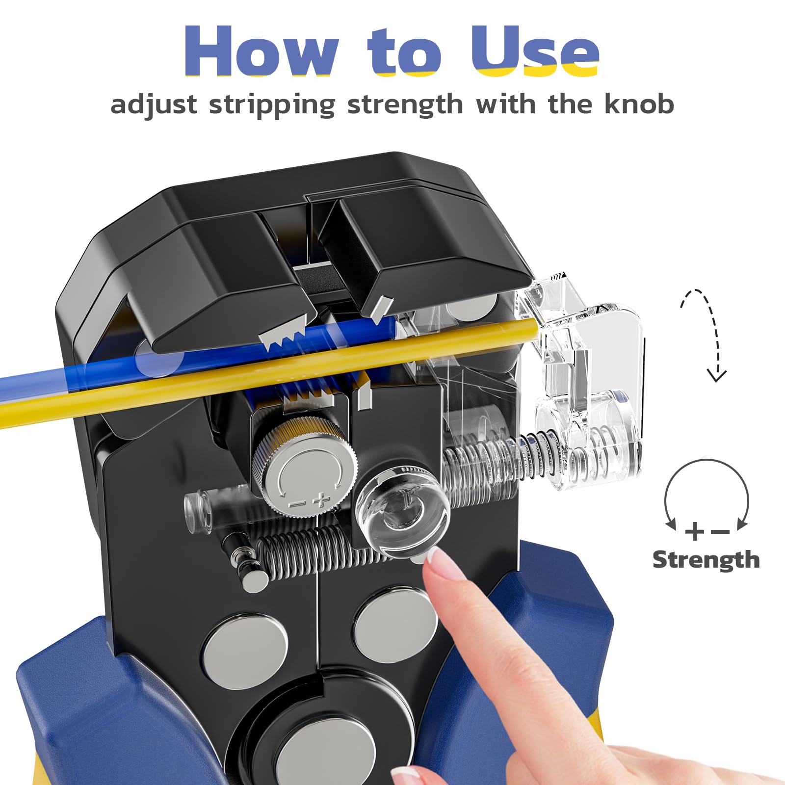 Haisstronica automatic wire stripper, adjustable knob +-, silver, precise stripping, blue wire demo.